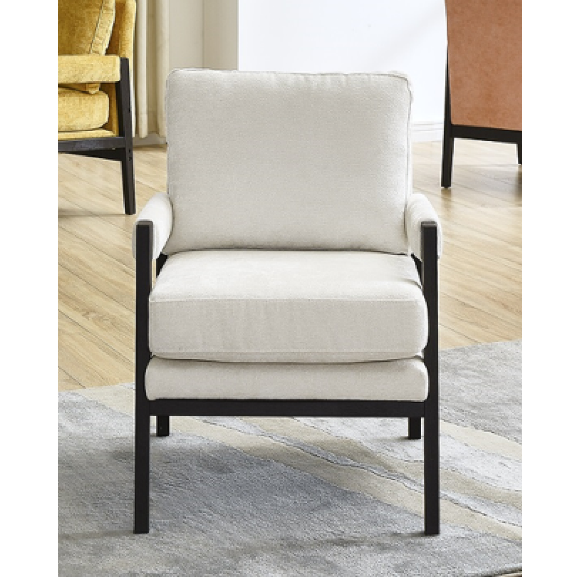 Beige fabric Brassex accent arm chair with cushioned seat and wooden legs, modern design for living room decor.