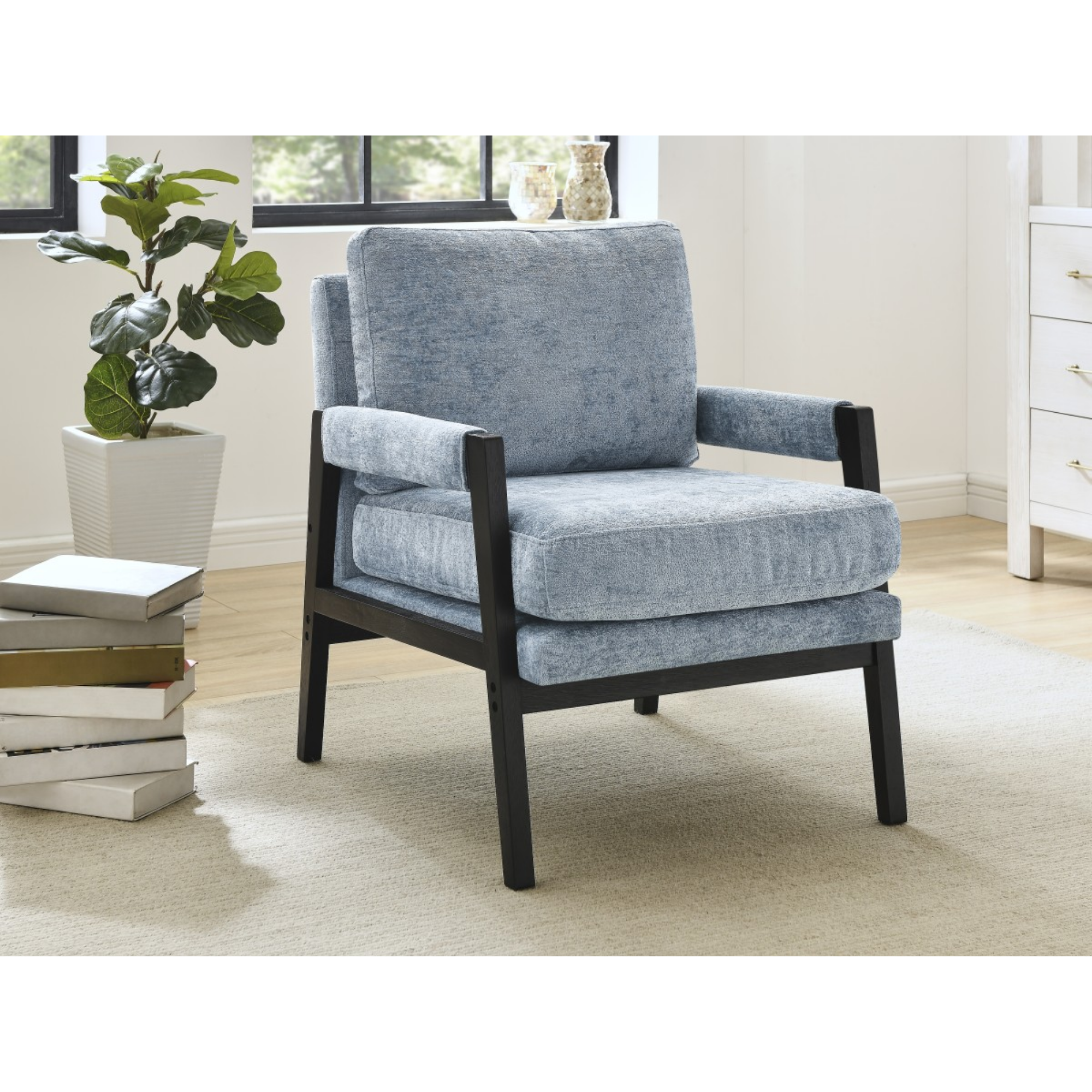 Blue fabric Brassex accent arm chair with cushioned seat and wooden legs, stylish and comfortable for living room decor.