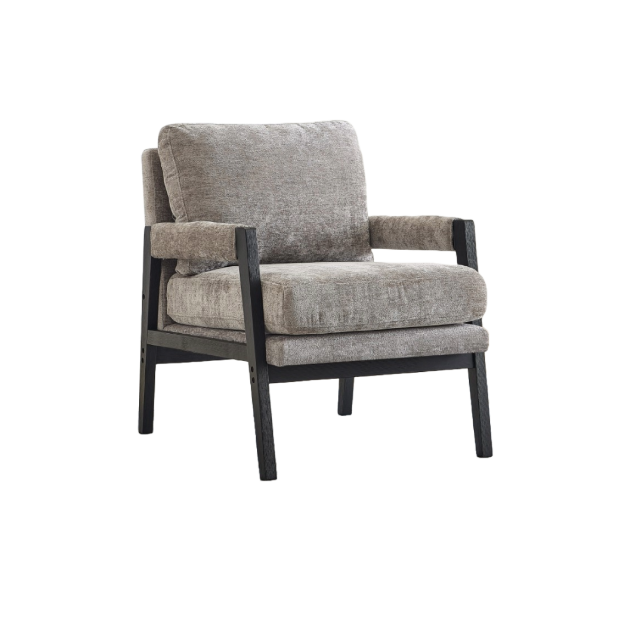 Grey fabric accent arm chair by Brassex with a modern design and padded seat, ideal for living rooms or cozy spaces.