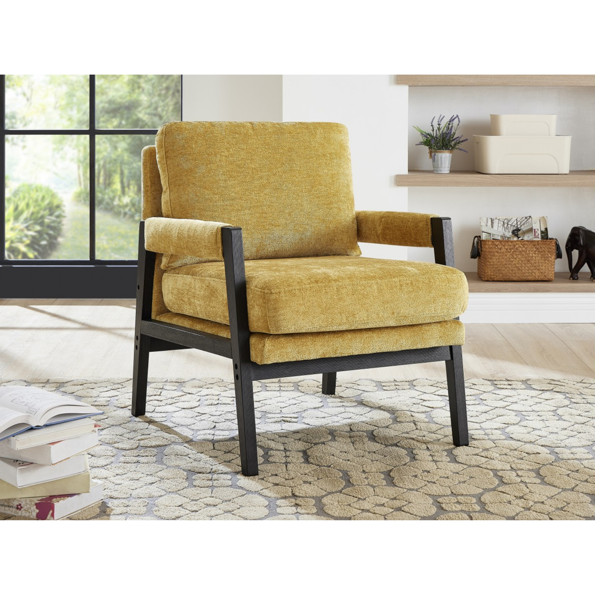 Yellow fabric accent arm chair by Brassex with a modern design, featuring plush cushioning and wooden legs.