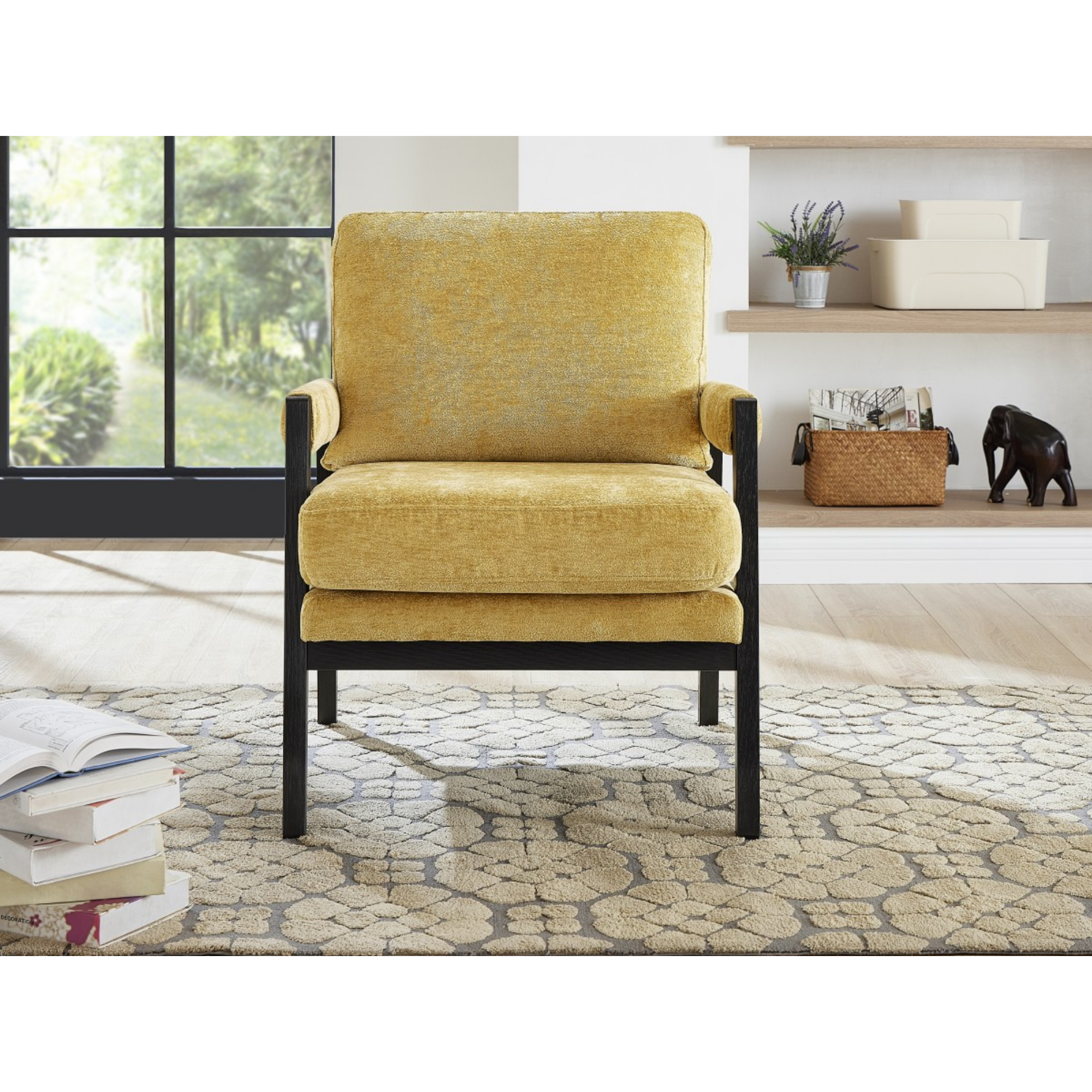 Yellow fabric accent arm chair by Brassex, showcasing plush cushioning and stylish design for living room decor.