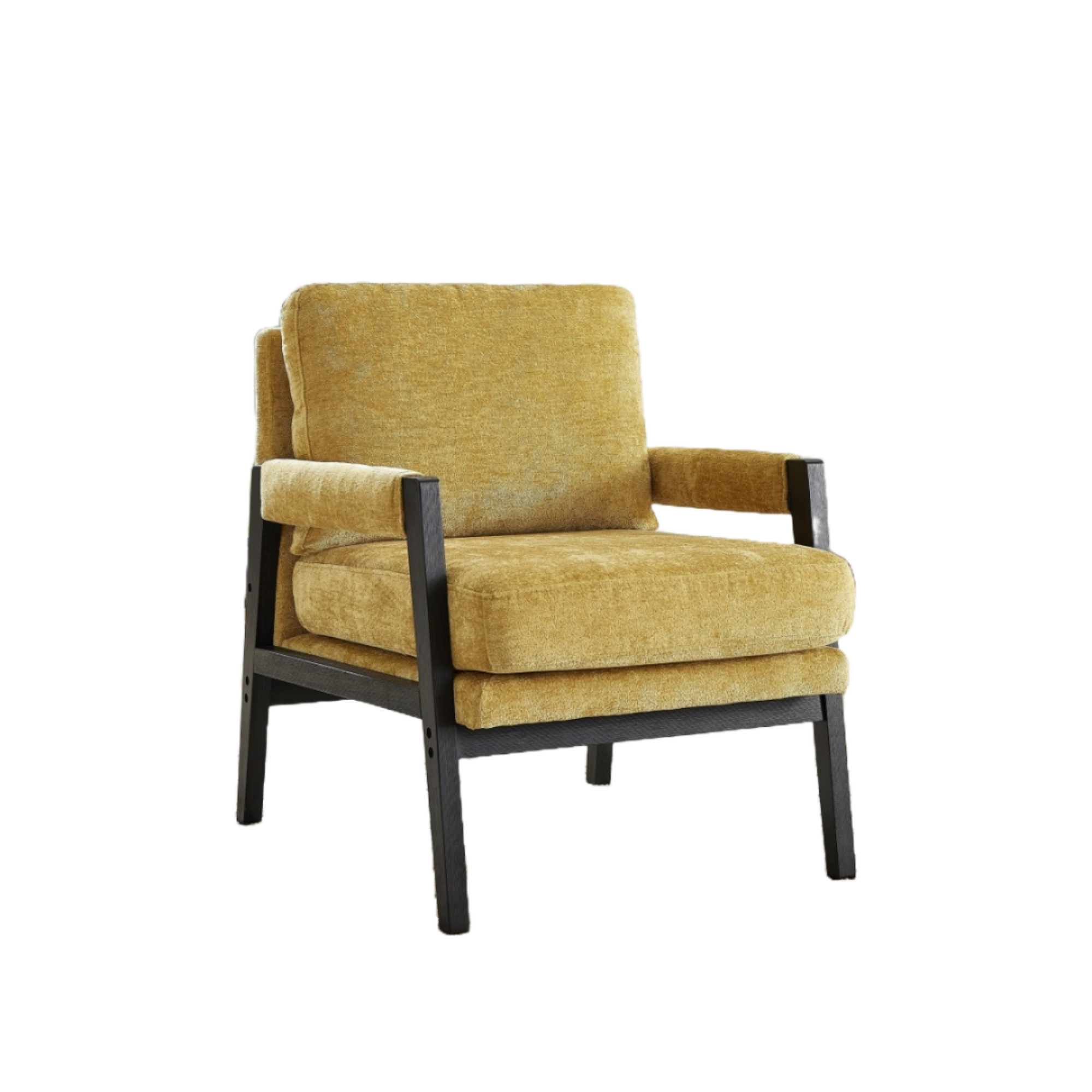 Yellow fabric accent arm chair by Brassex with wooden legs, stylish and comfortable for living room or office decor.