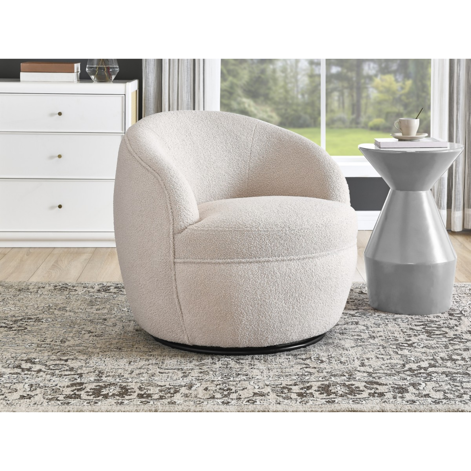 Beige fabric accent chair by Brassex with modern design and cushioned seat, ideal for living room or office decor.