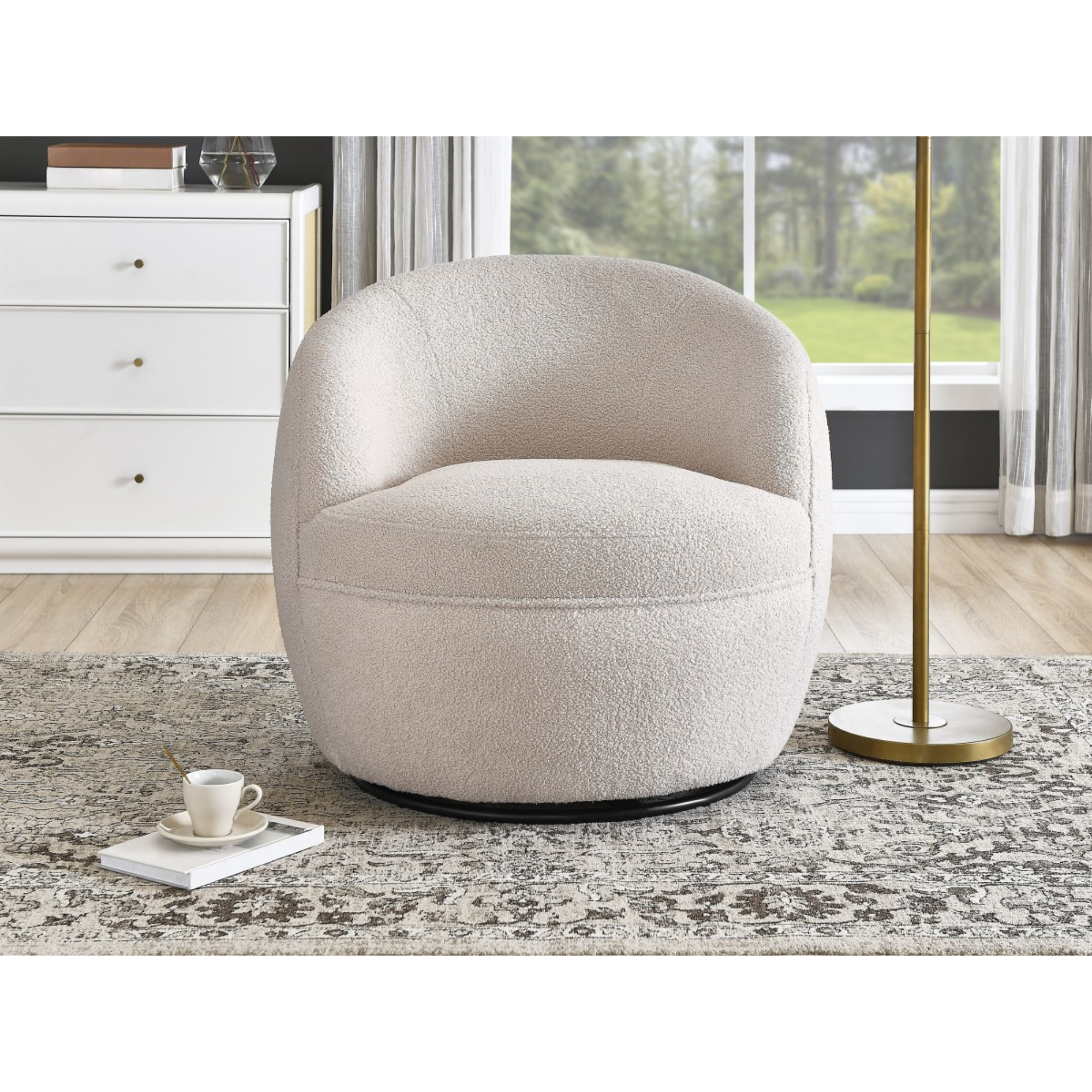 Beige fabric accent chair by Brassex with wooden legs, modern design, and cushioned seat for stylish comfort.