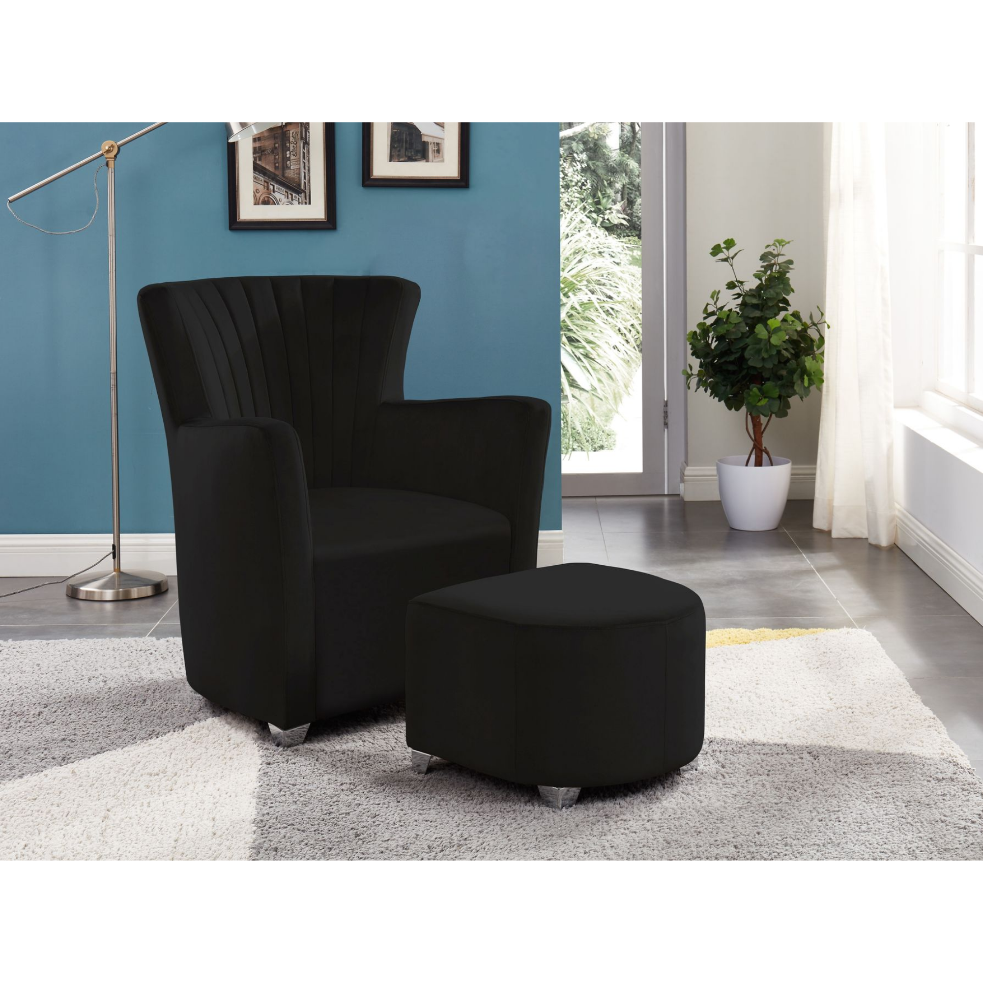 Black fabric accent chair with matching ottoman by Brassex, modern design and comfortable seating for living rooms.