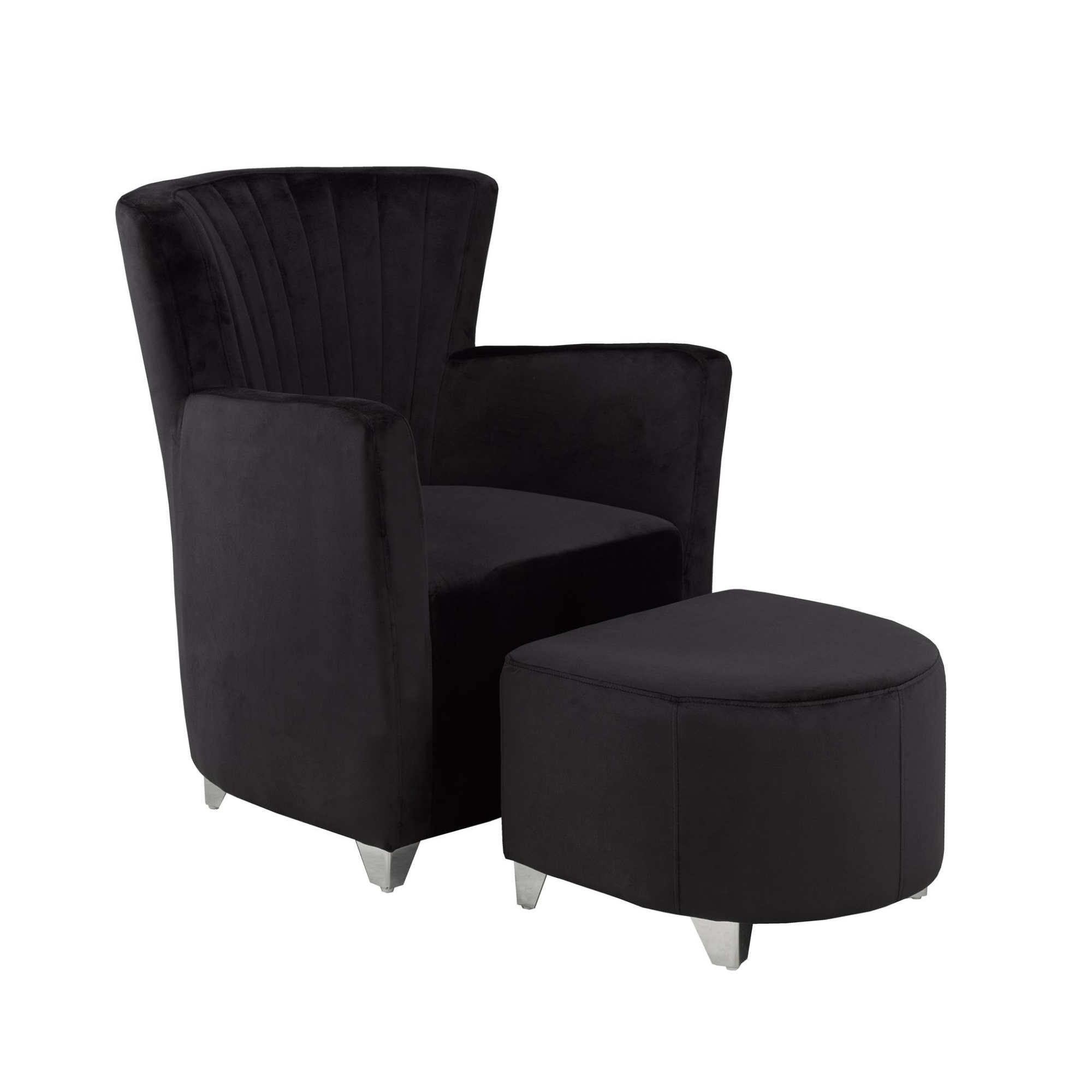 Black Brassex accent chair with matching ottoman, featuring fabric upholstery and modern design for stylish living spaces.