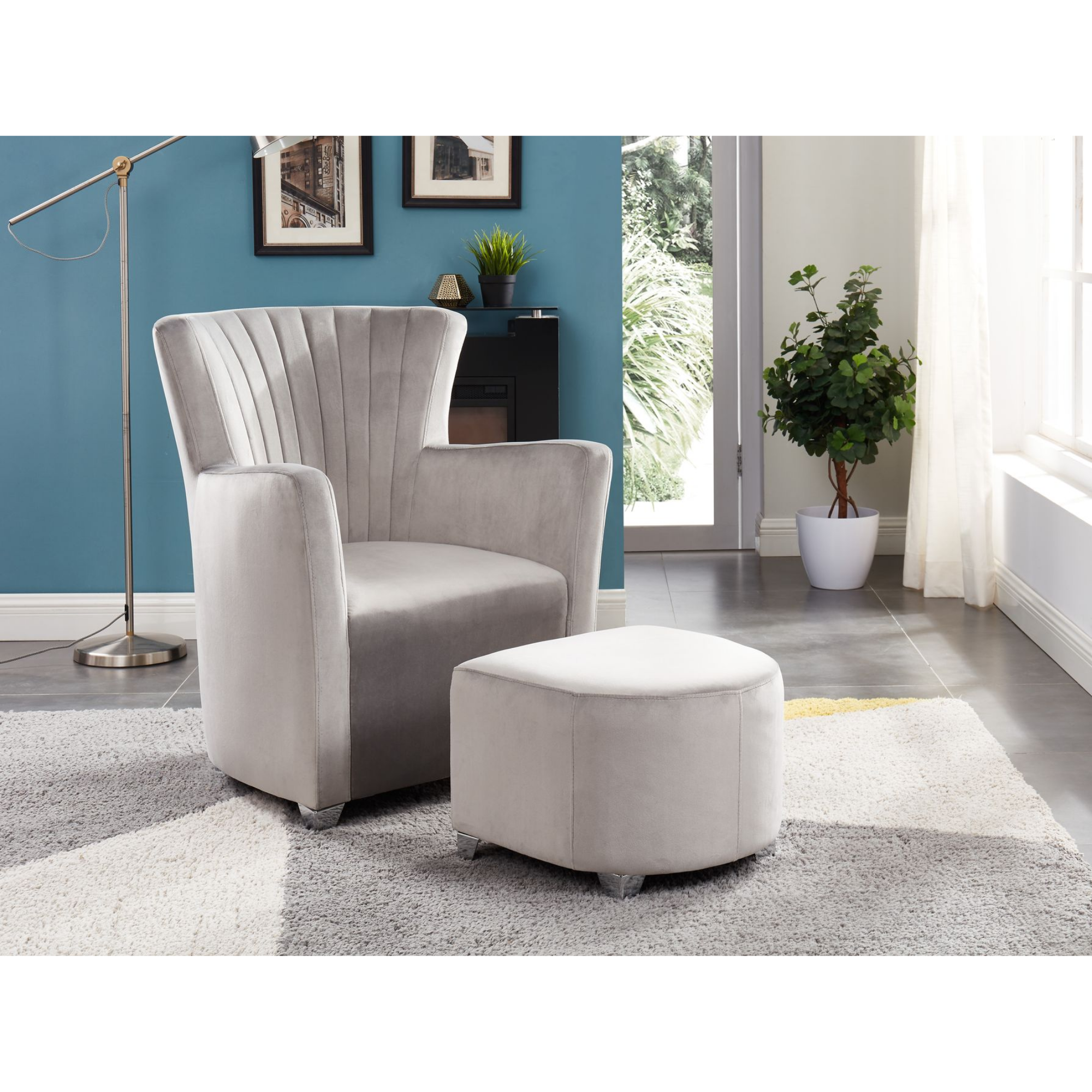 Grey fabric accent chair and ottoman by Brassex, stylish and comfortable furniture for living room decor.