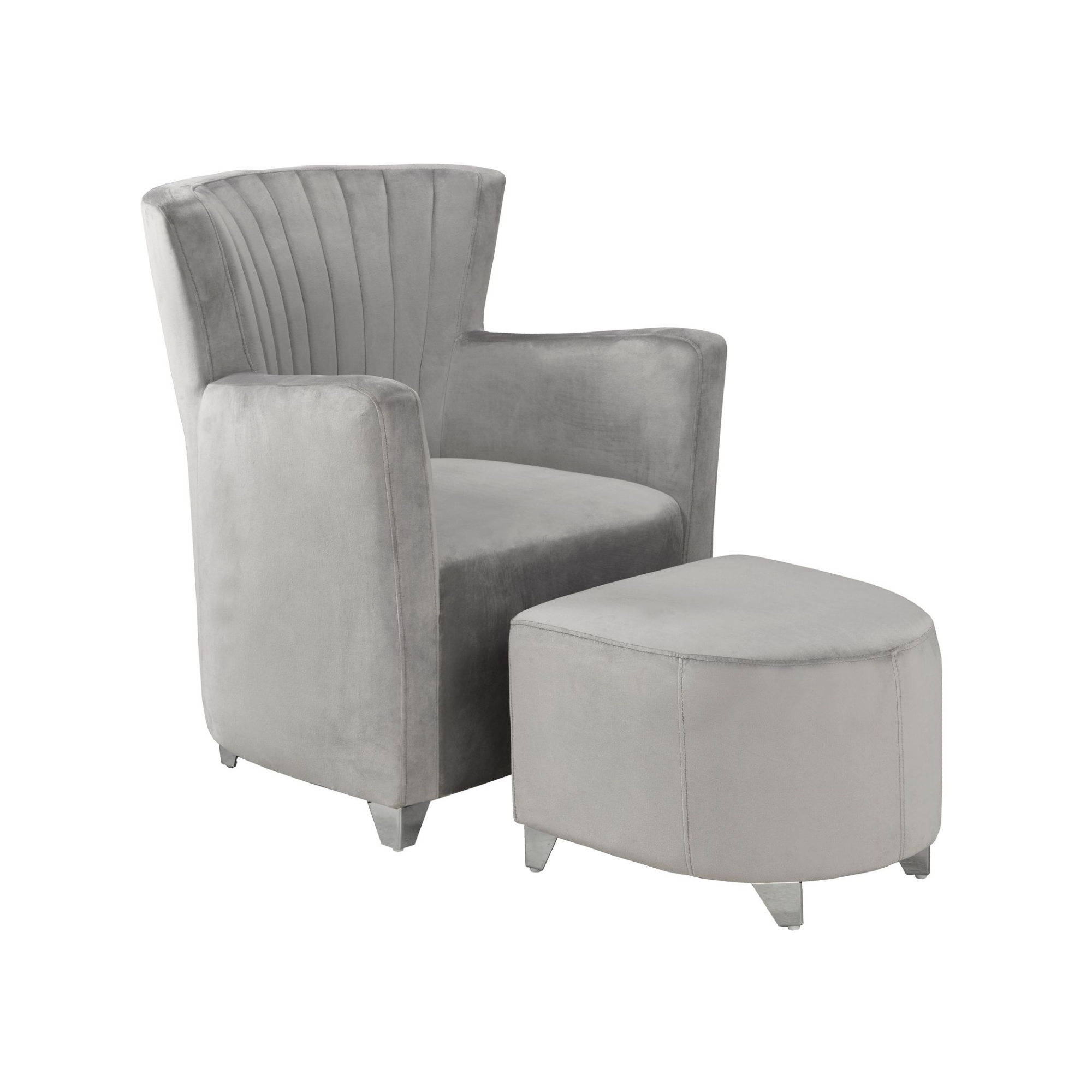 Grey fabric accent chair with matching ottoman by Brassex, featuring a modern design and comfortable cushioning.