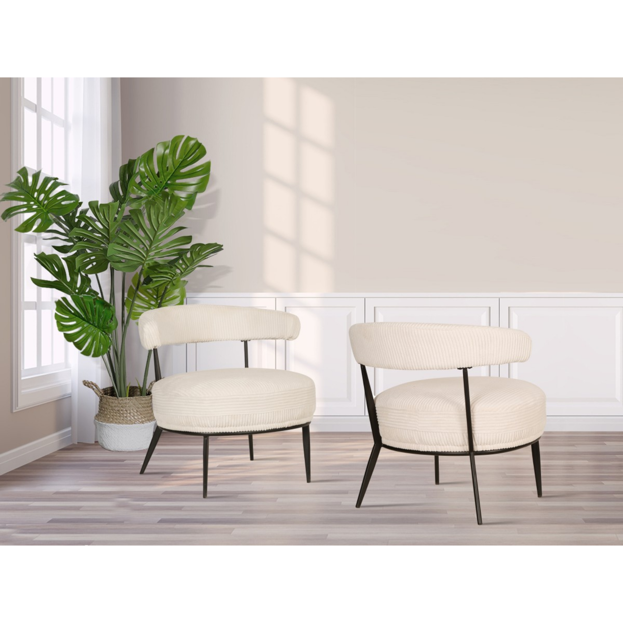 Cream fabric Brassex accent chair with plush cushioning, modern design, and wooden legs for stylish living room seating.