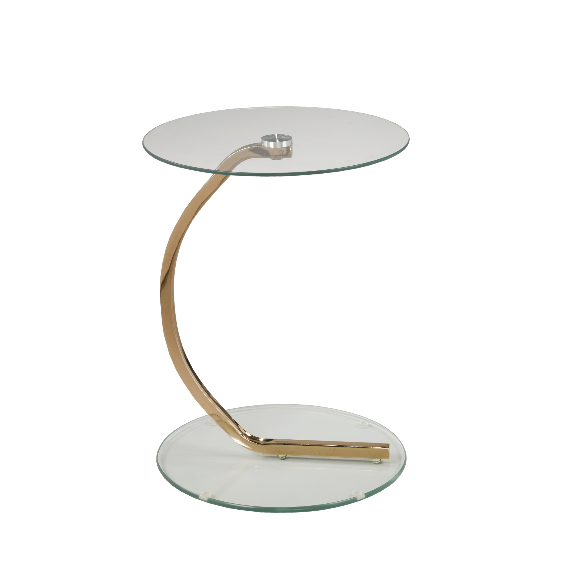 Brassex glass accent table in rose gold with a sleek round top and modern design, ideal for stylish home décor.