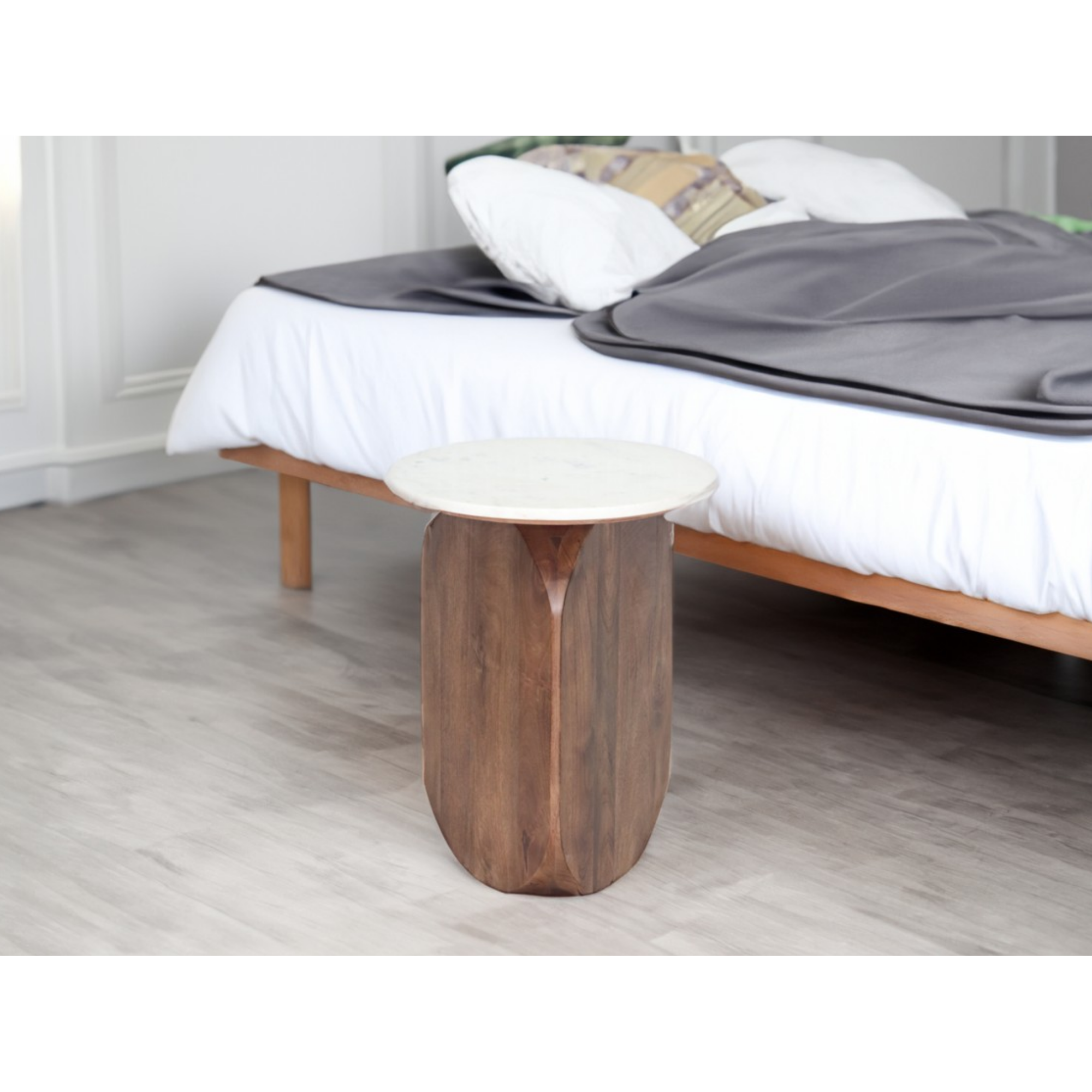Walnut and white marble accent table by Brassex featuring sleek design and modern style.