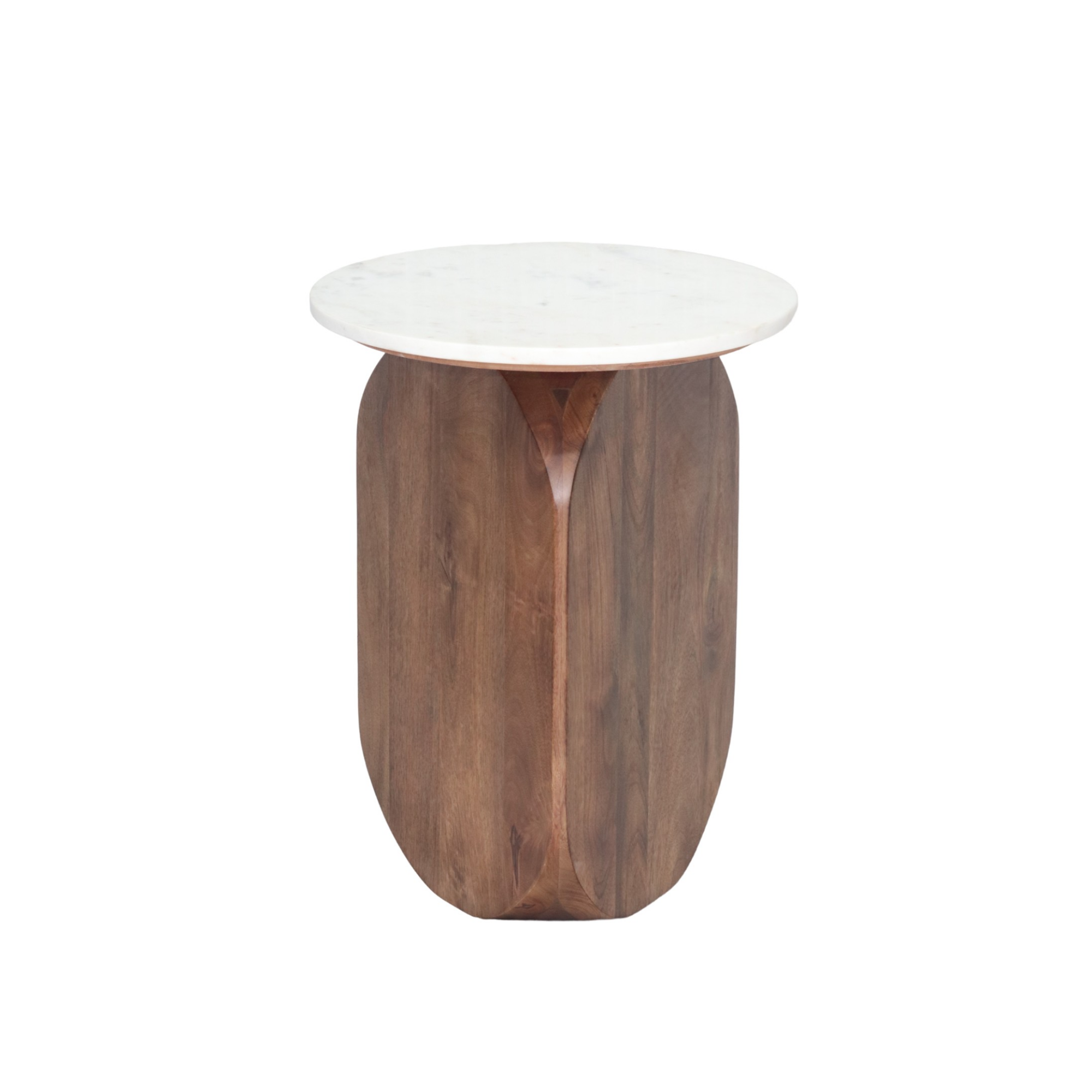 Walnut and white marble accent table by Brassex featuring a sleek modern design and a smooth tabletop surface.