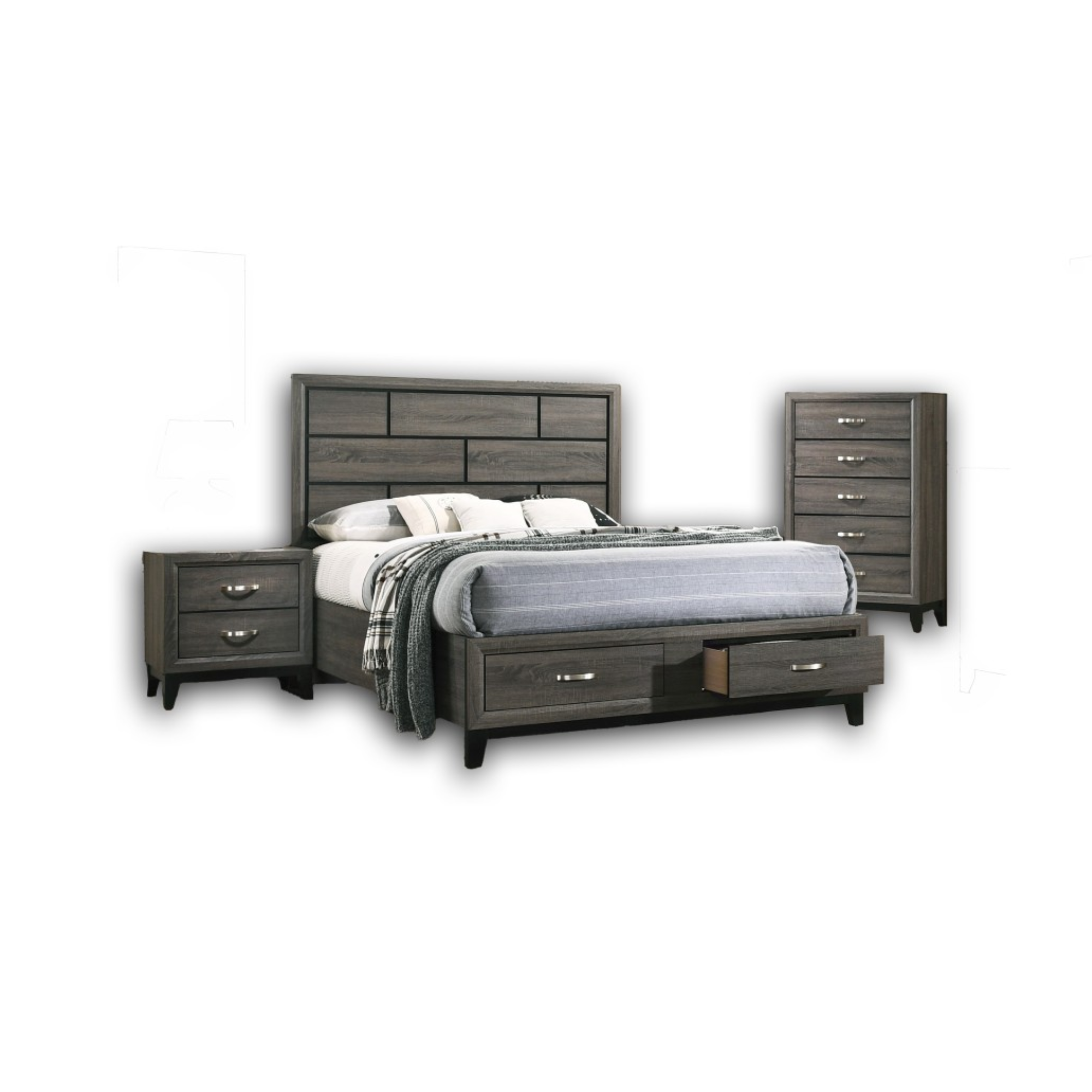 Grey 6-piece queen bedroom set by Brassex, includes bed frame, dresser, mirror, and side tables in a modern design.