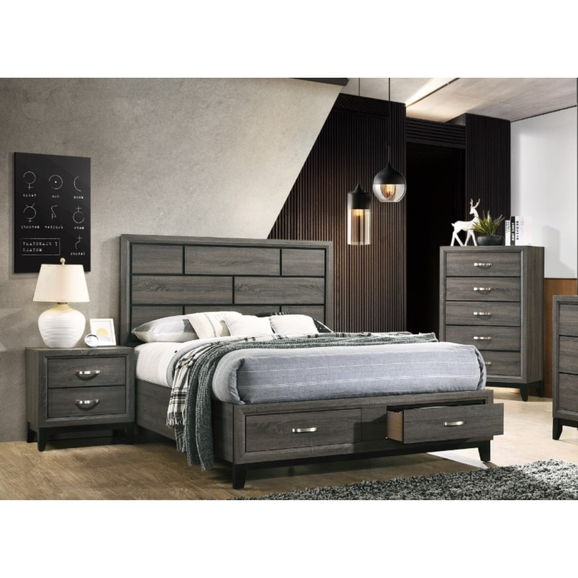 Six-piece grey queen bedroom set by Brassex, includes bed frame, dresser, nightstands, and matching storage pieces.