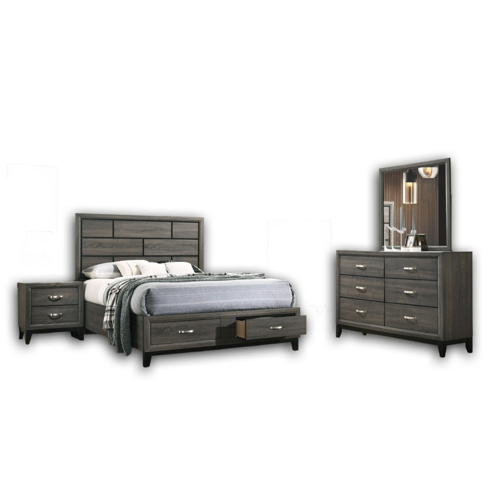 Brassex 7-piece queen bedroom set in grey featuring a bed frame, dresser, mirror, and matching nightstands.