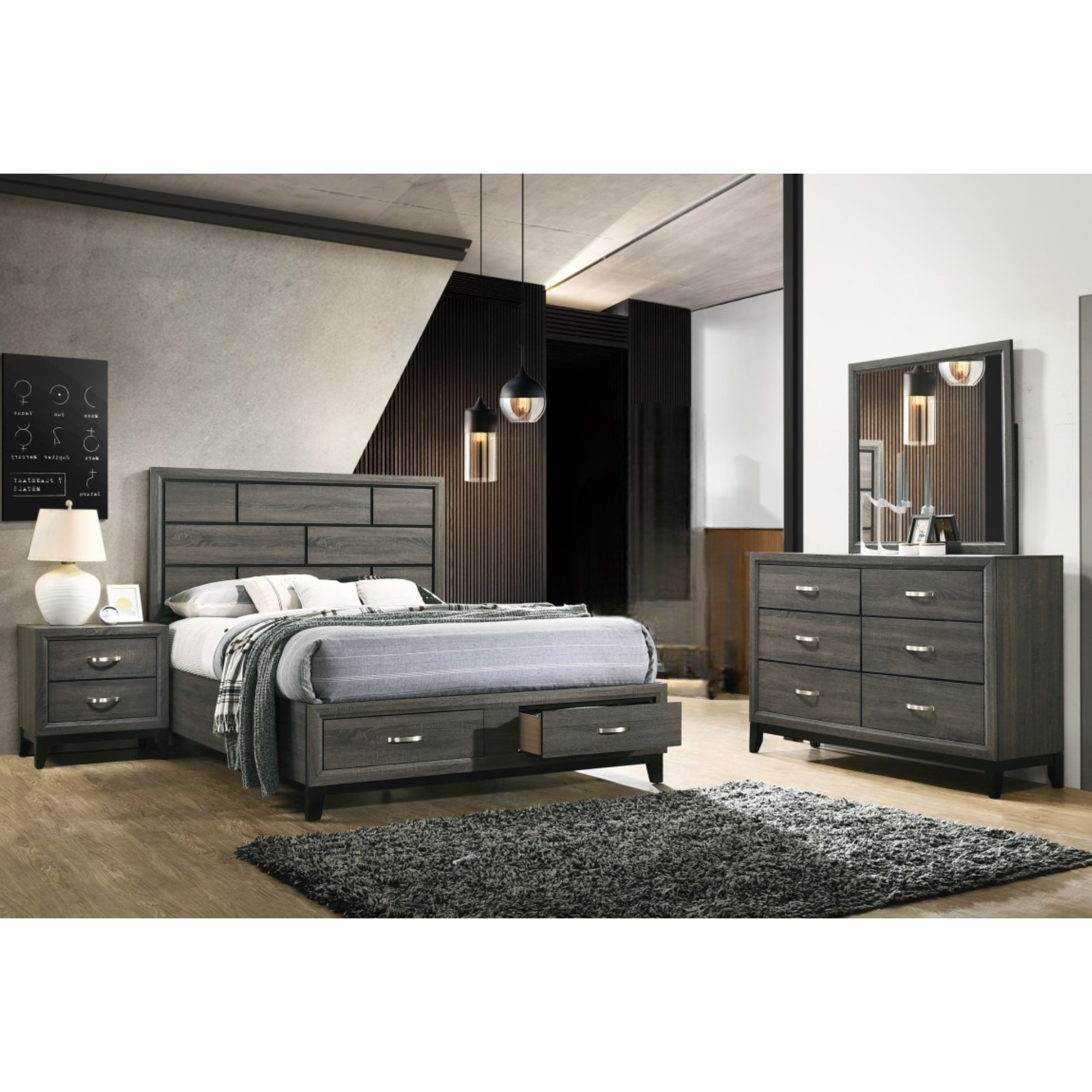 Brassex 7-piece queen bedroom set in grey, includes bed frame, dresser, and nightstands, in a modern bedroom setting.
