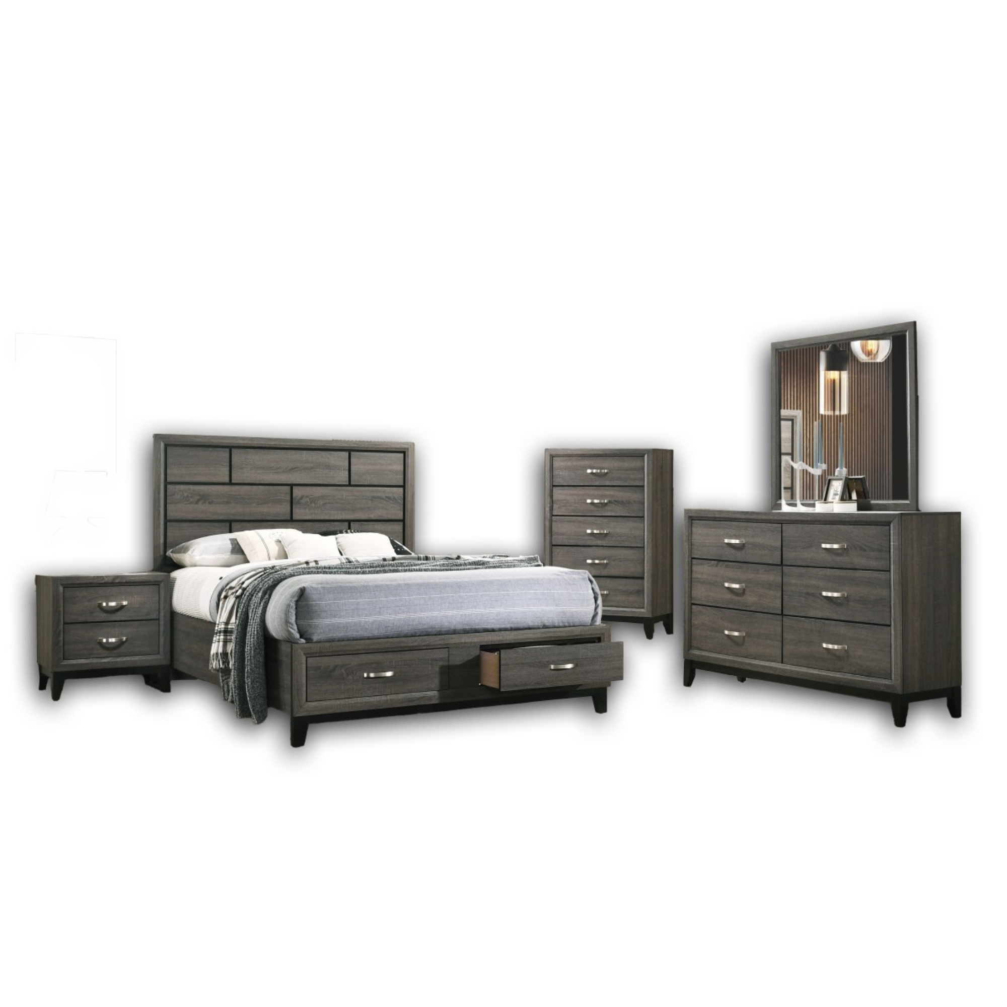 8-piece Queen bedroom set in grey by Brassex featuring bed frame, dresser, mirror, and nightstands in a modern design.