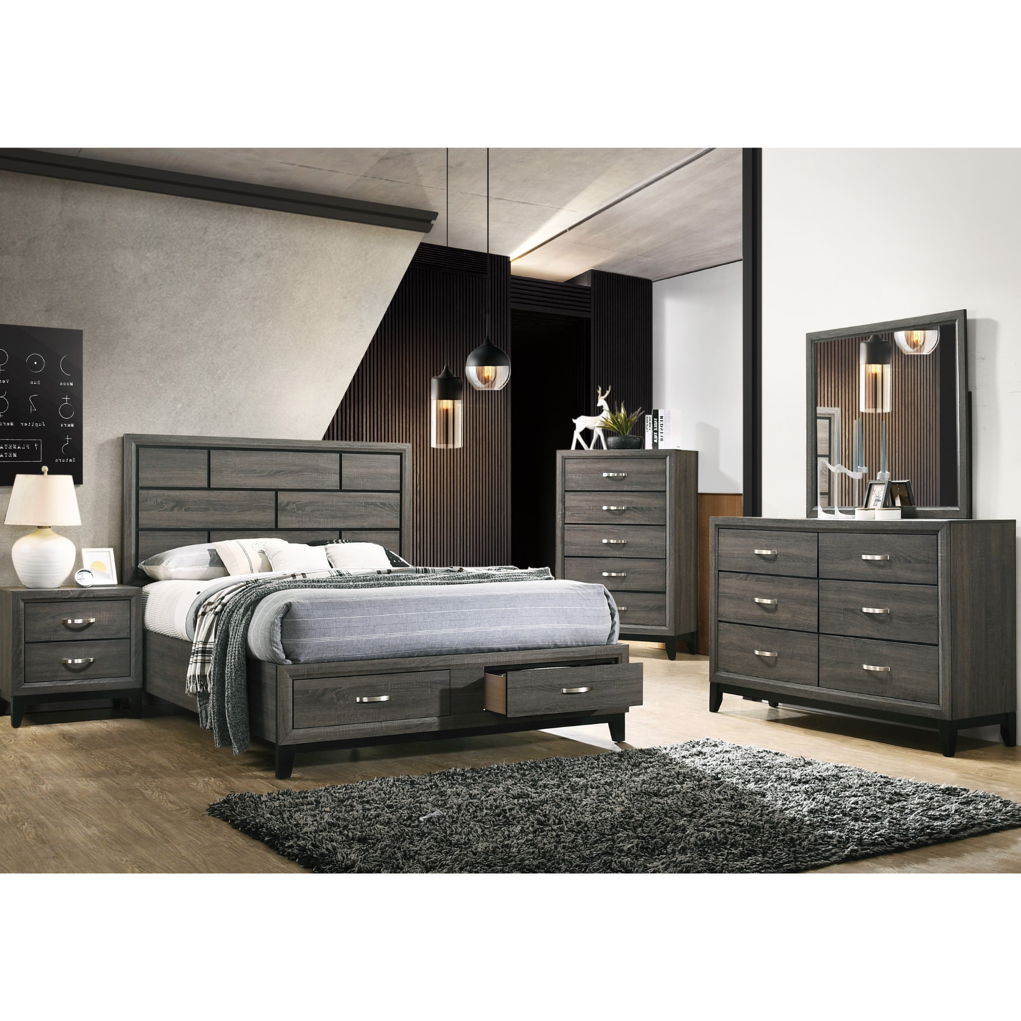 8-piece grey queen bedroom set by Brassex, including bed frame, dresser, and nightstands, shown in a modern bedroom setting.