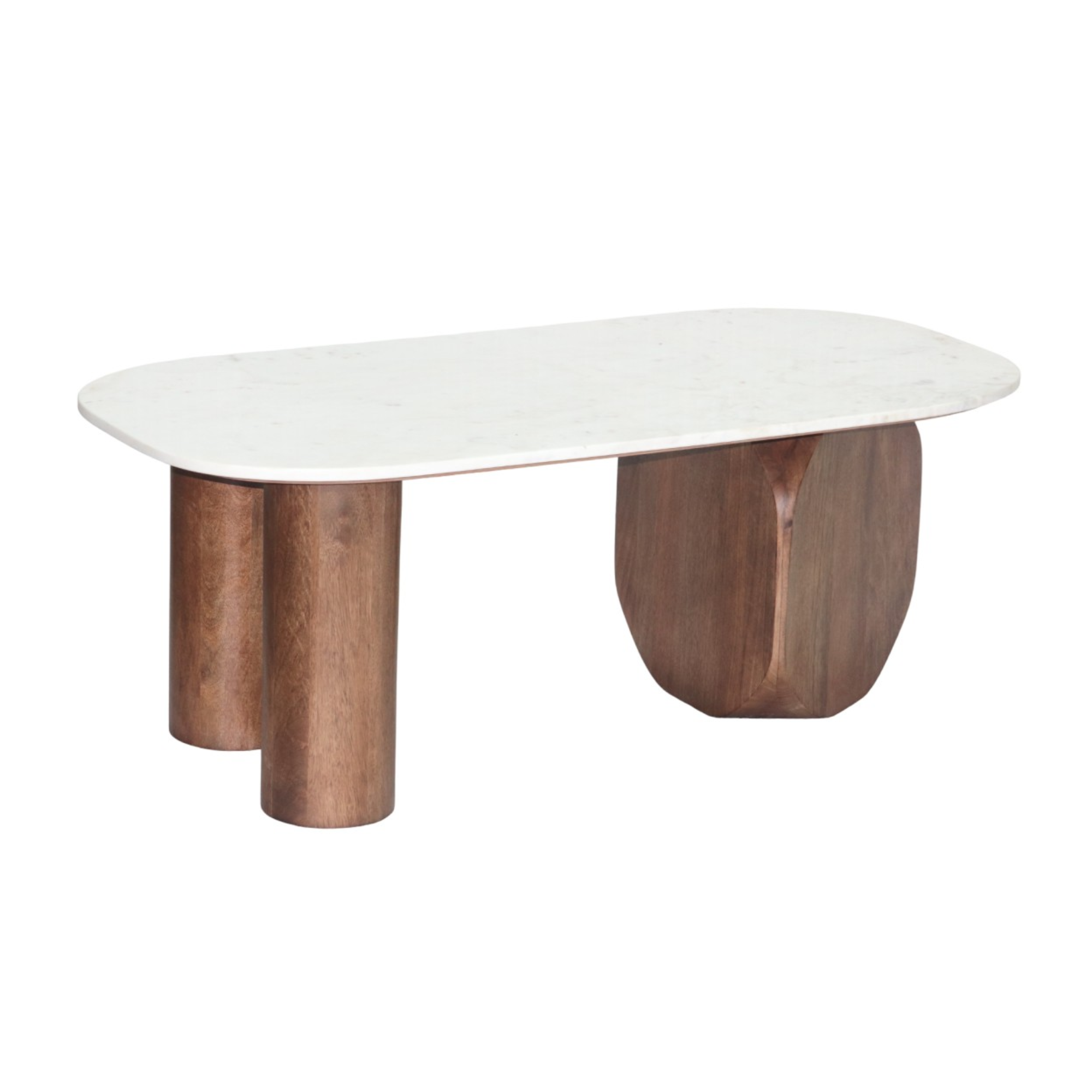 Brassex multi-tone walnut and white coffee table with sleek modern design, featuring a rectangular top and open shelf.