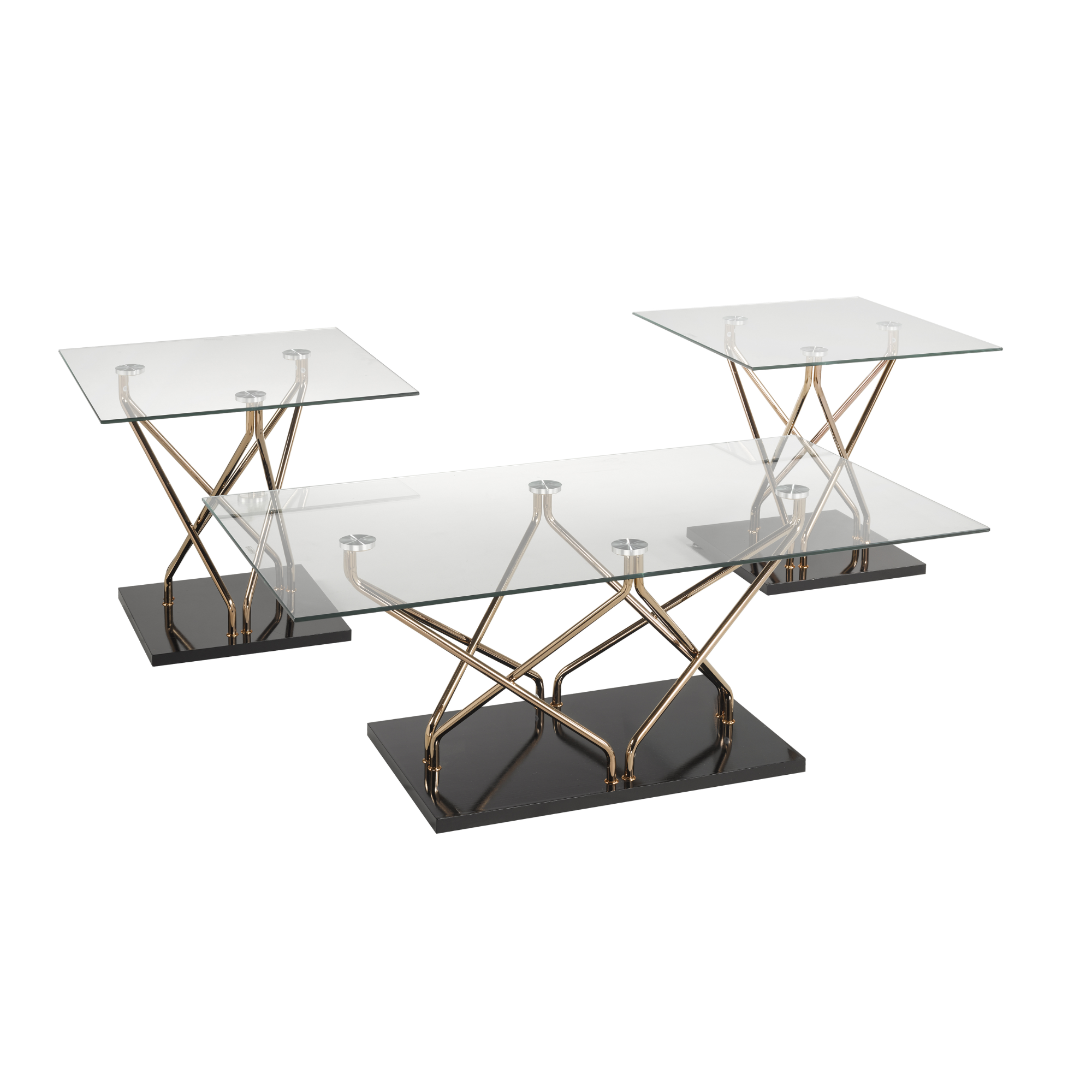 Set of three black coffee tables with rose gold accents from Brassex, modern living room furniture, different sizes included.