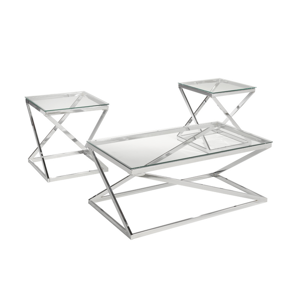 Brassex 3-piece silver coffee table set with modern design, includes three matching tables in a sleek metallic finish.