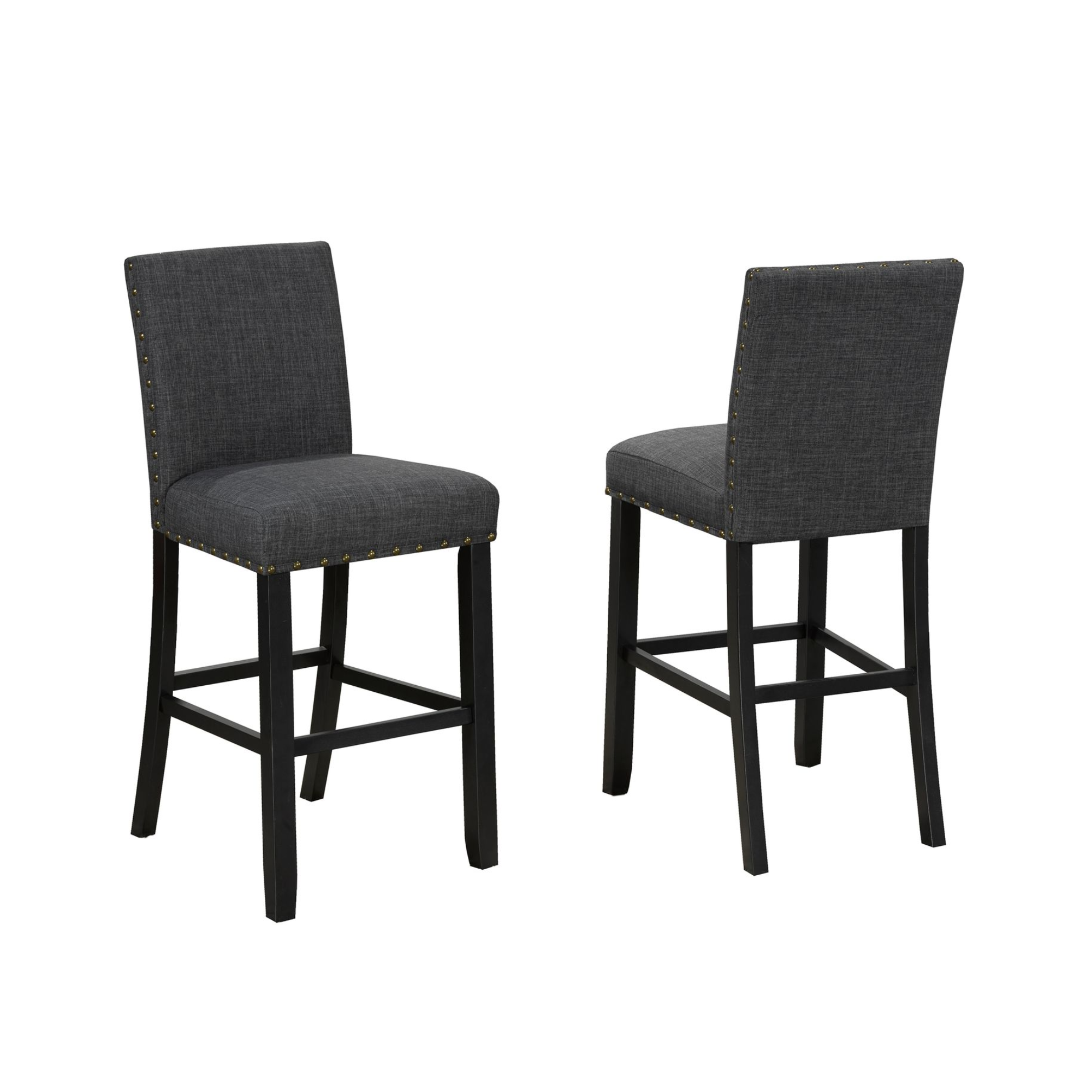 Set of two Brassex 29-inch grey counter bar stools with modern design and cushioned seats for kitchen or bar area.