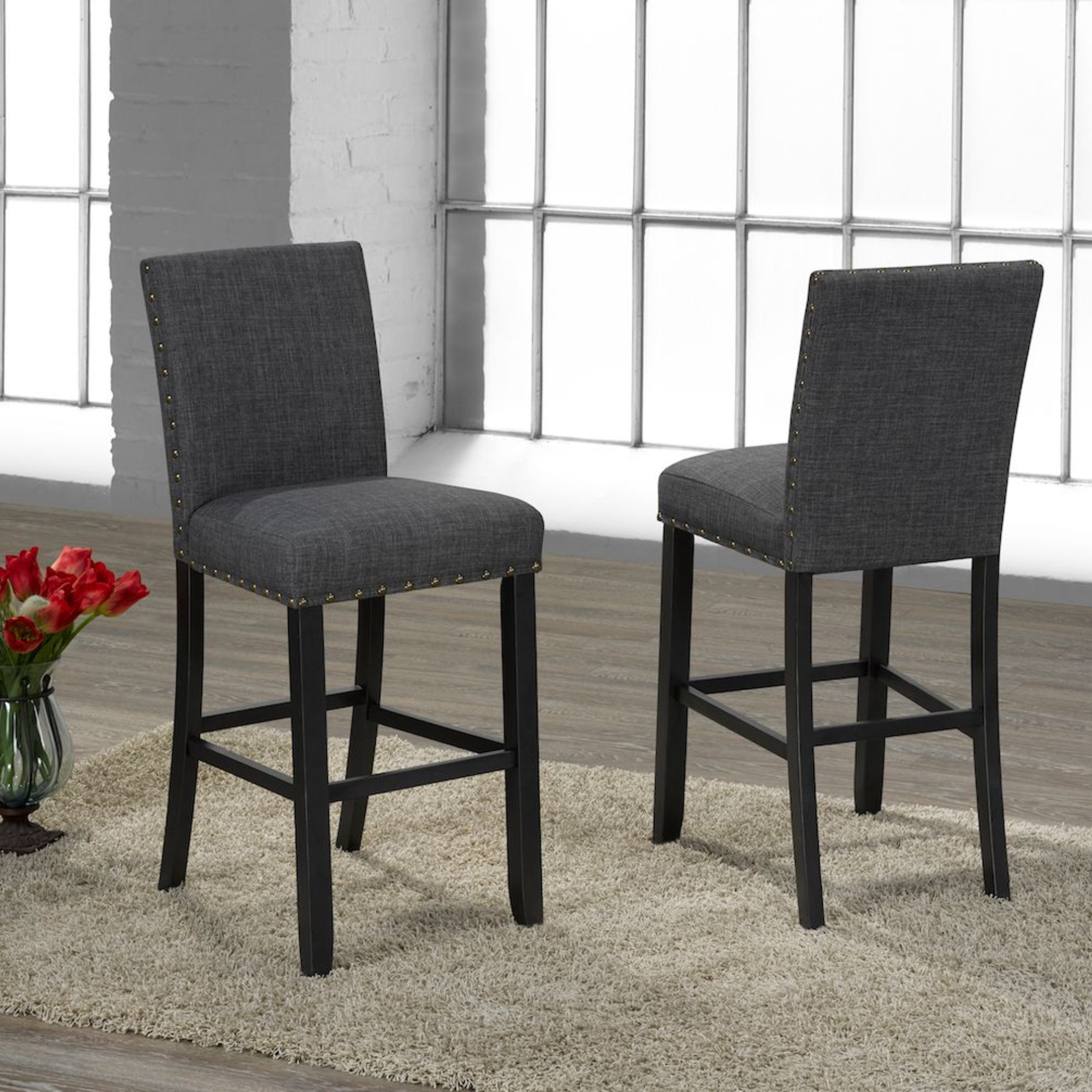 Set of two Brassex 29-inch grey counter bar stools with cushioned seats and modern design, ideal for kitchen or bar area.