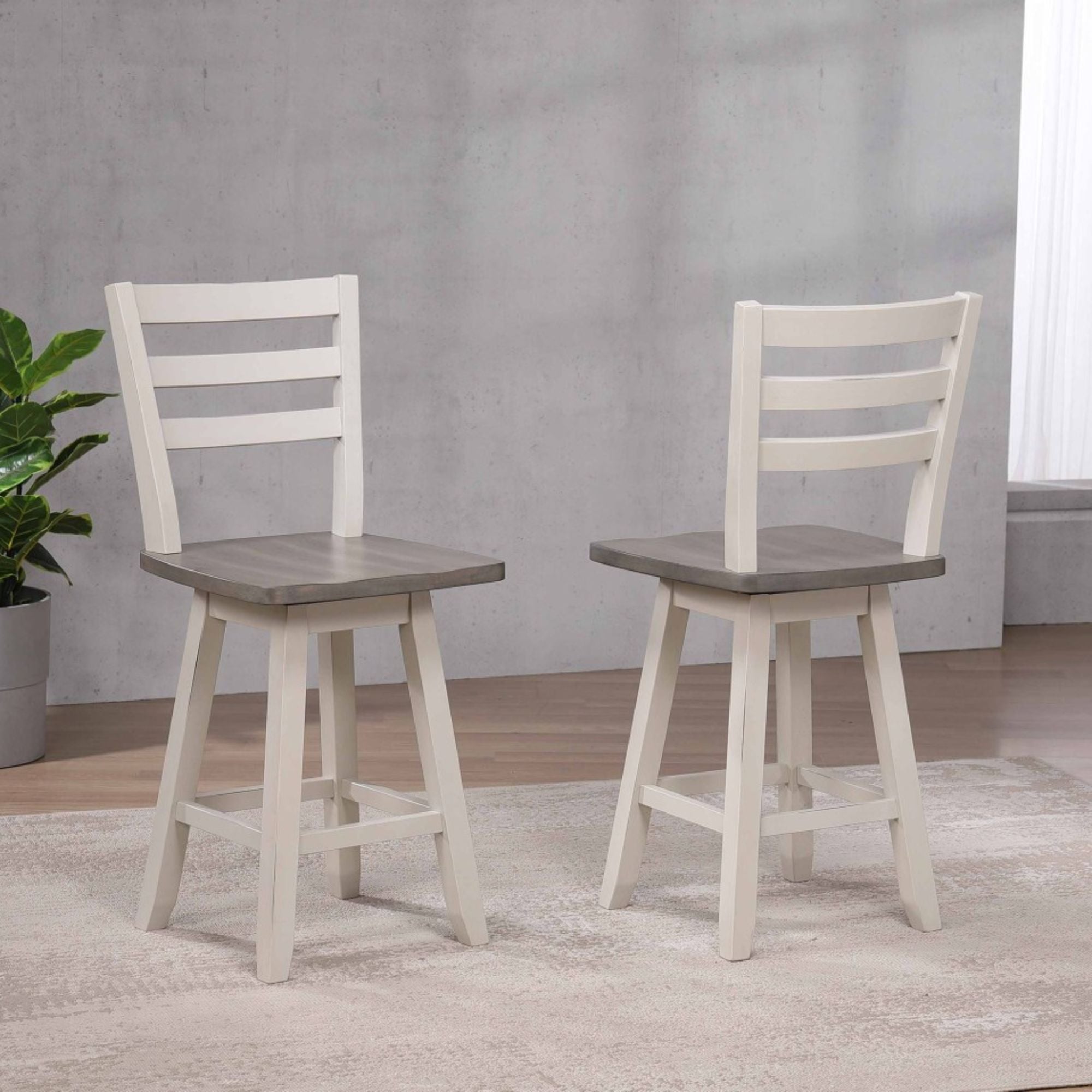 Set of 2 Brassex counter height swivel bar stools in grey and white with modern design and cushioned seats.