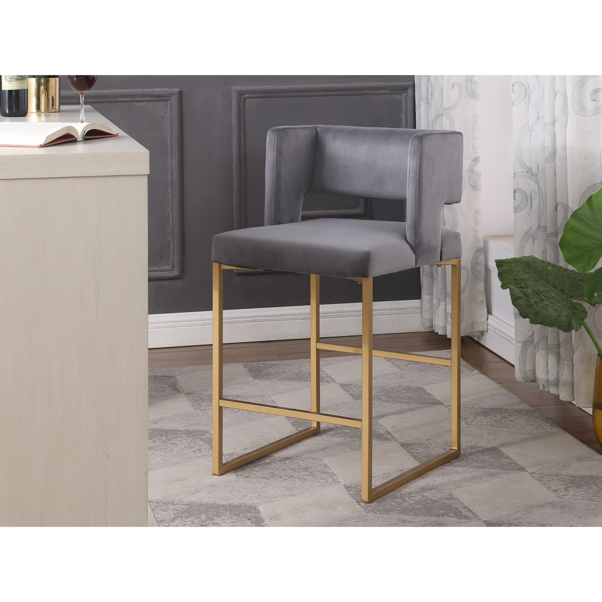 Set of two grey Brassex counter bar stools with modern design and sturdy legs, ideal for kitchen or bar area.