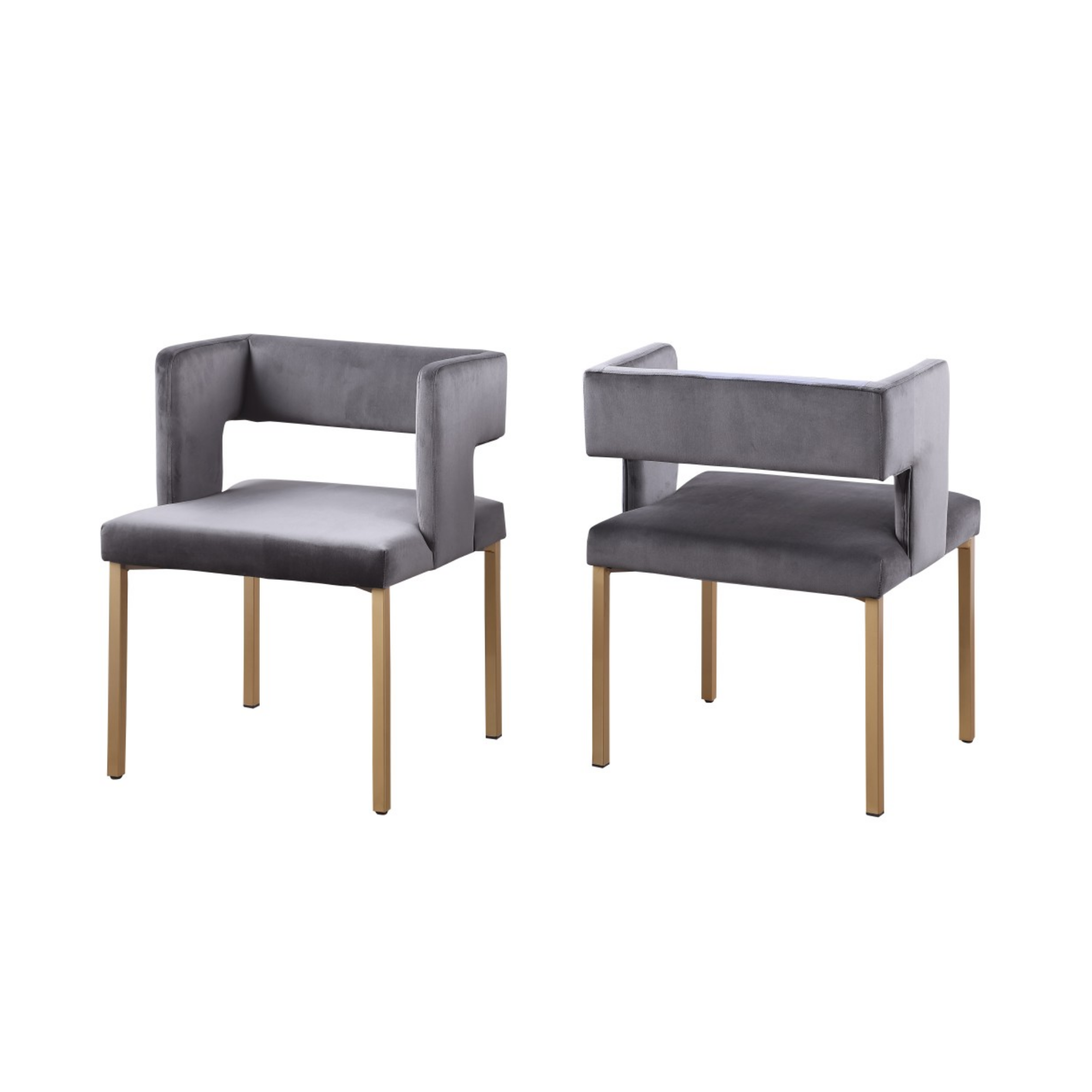 Set of two Brassex grey velvet Anthony dining chairs with sleek, modern design and padded seats for comfortable dining.