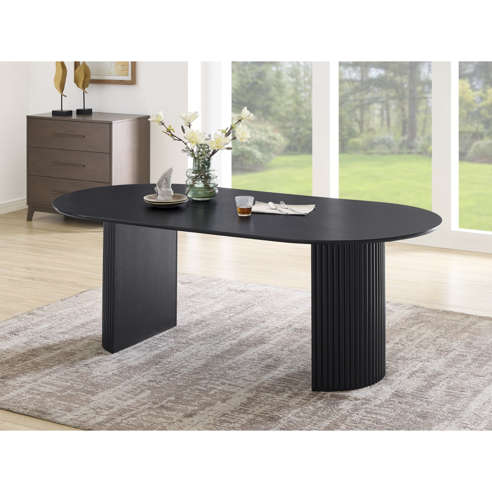 Black Terra 7-piece dining room set by Brassex featuring a wooden table and matching chairs in a modern design.
