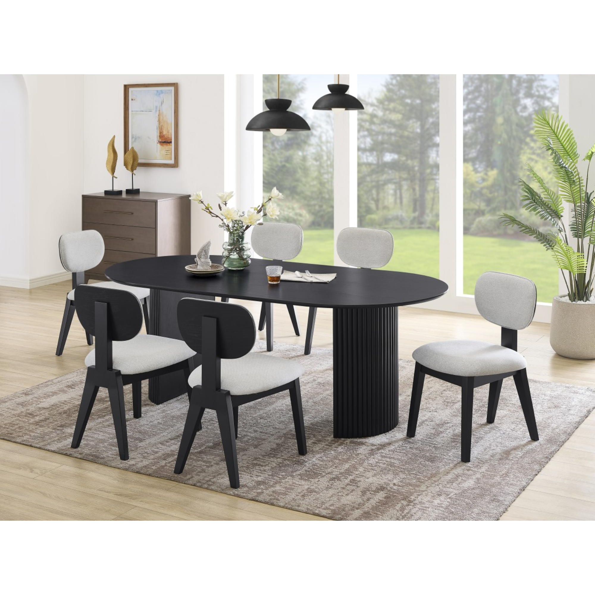 Black Terra 7-piece dining set by Brassex with wooden table and matching chairs in a modern dining room setting.