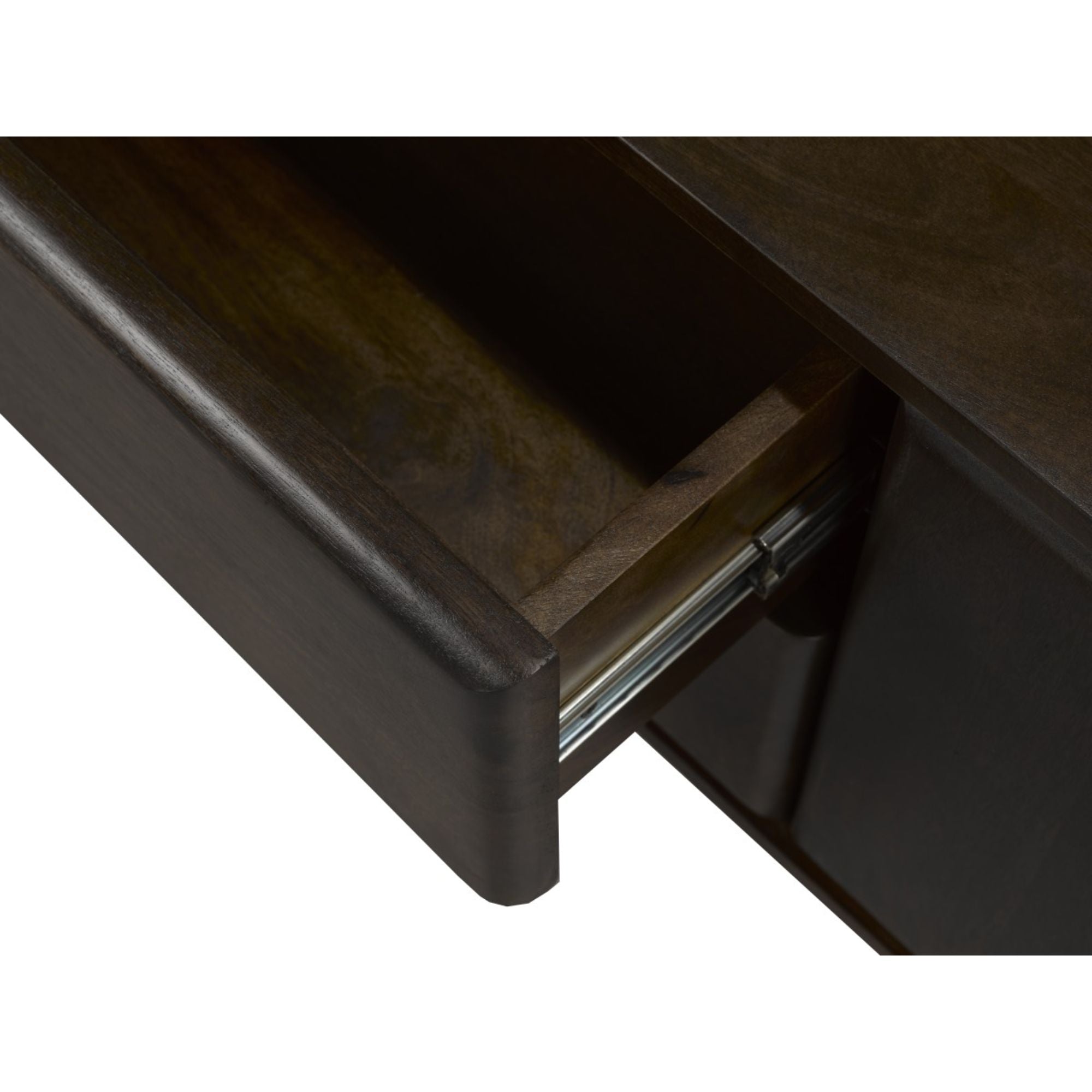 Dark walnut 63-inch TV stand by Brassex, featuring a modern entertainment center design with open shelves and storage compartments.