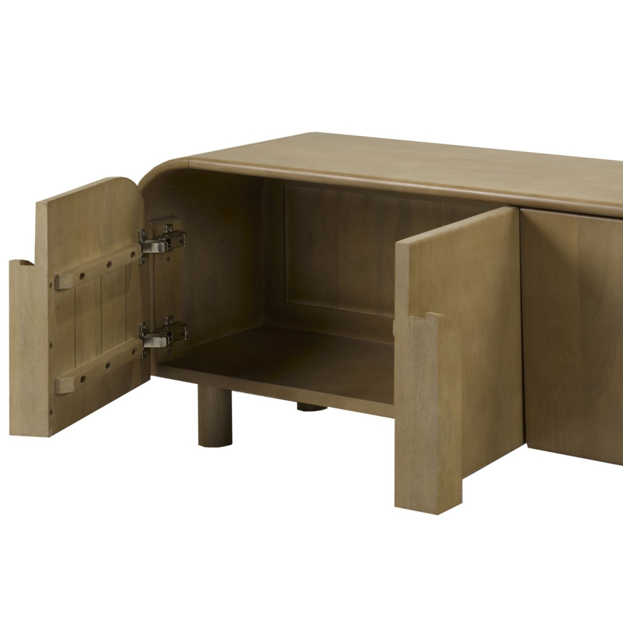 Brassex 63-inch TV stand in natural oak wood with storage shelves, ideal for entertainment centers and modern living rooms.