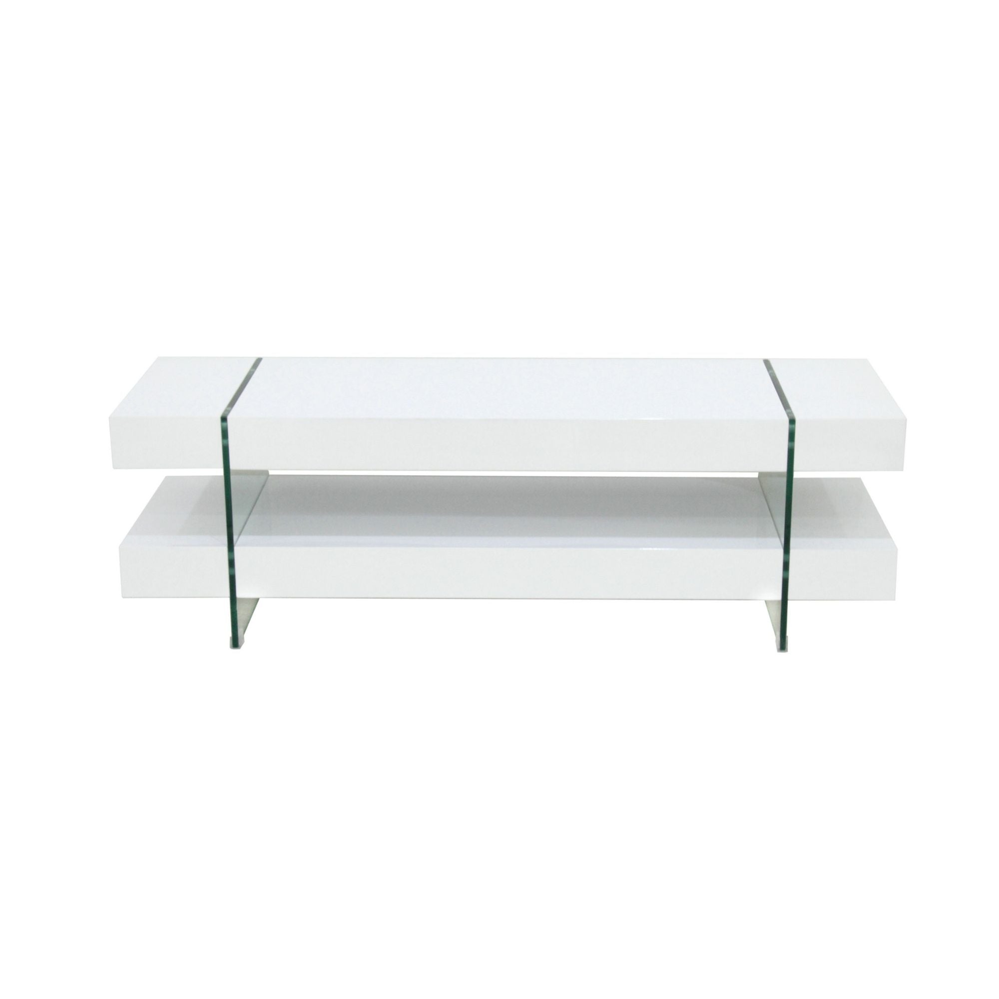 White 59-inch TV stand by Brassex, modern entertainment center with open shelving and sleek design for living room setup.