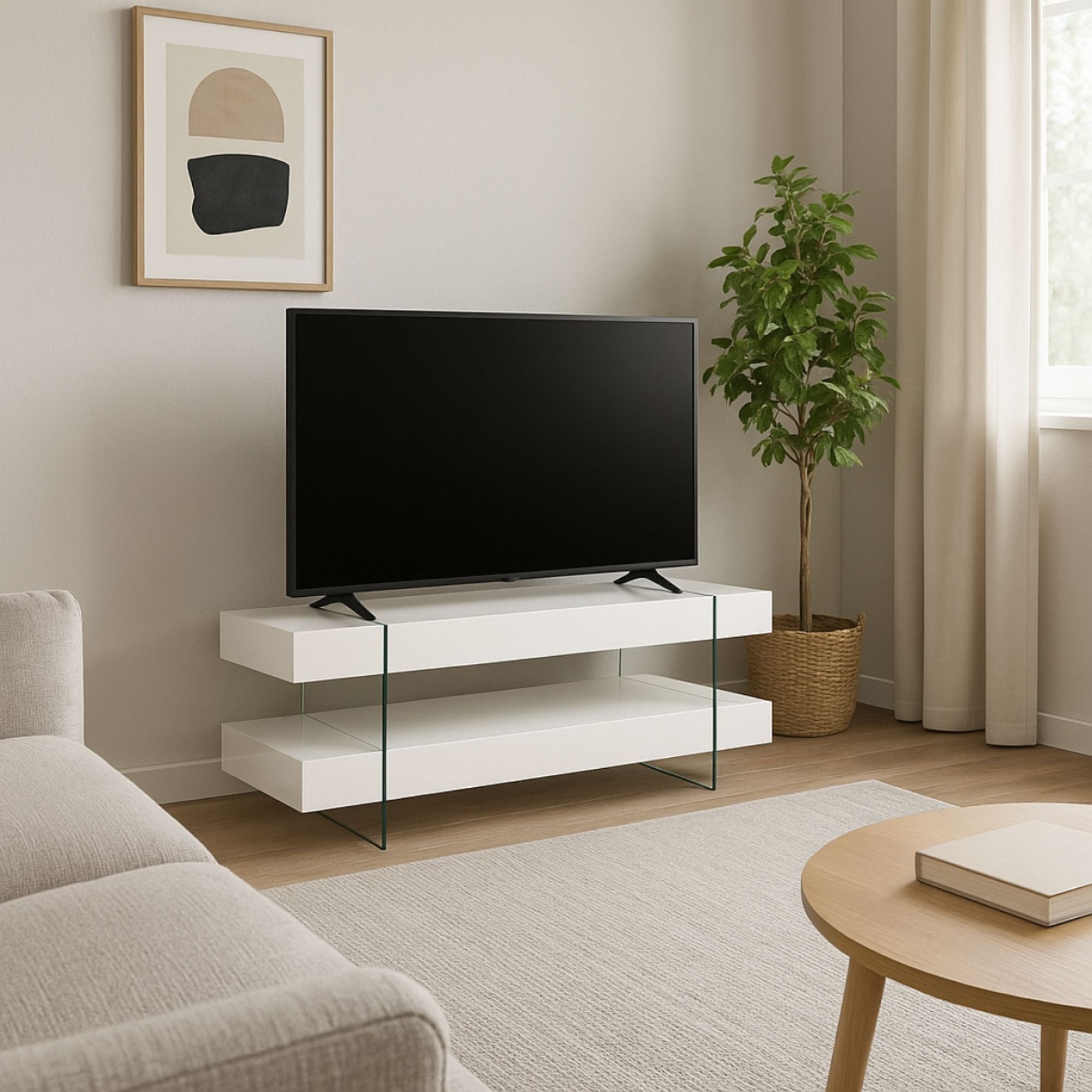 White 59-inch TV stand from Brassex, part of entertainment centers and TV stands collection, featuring sleek design and ample storage space.
