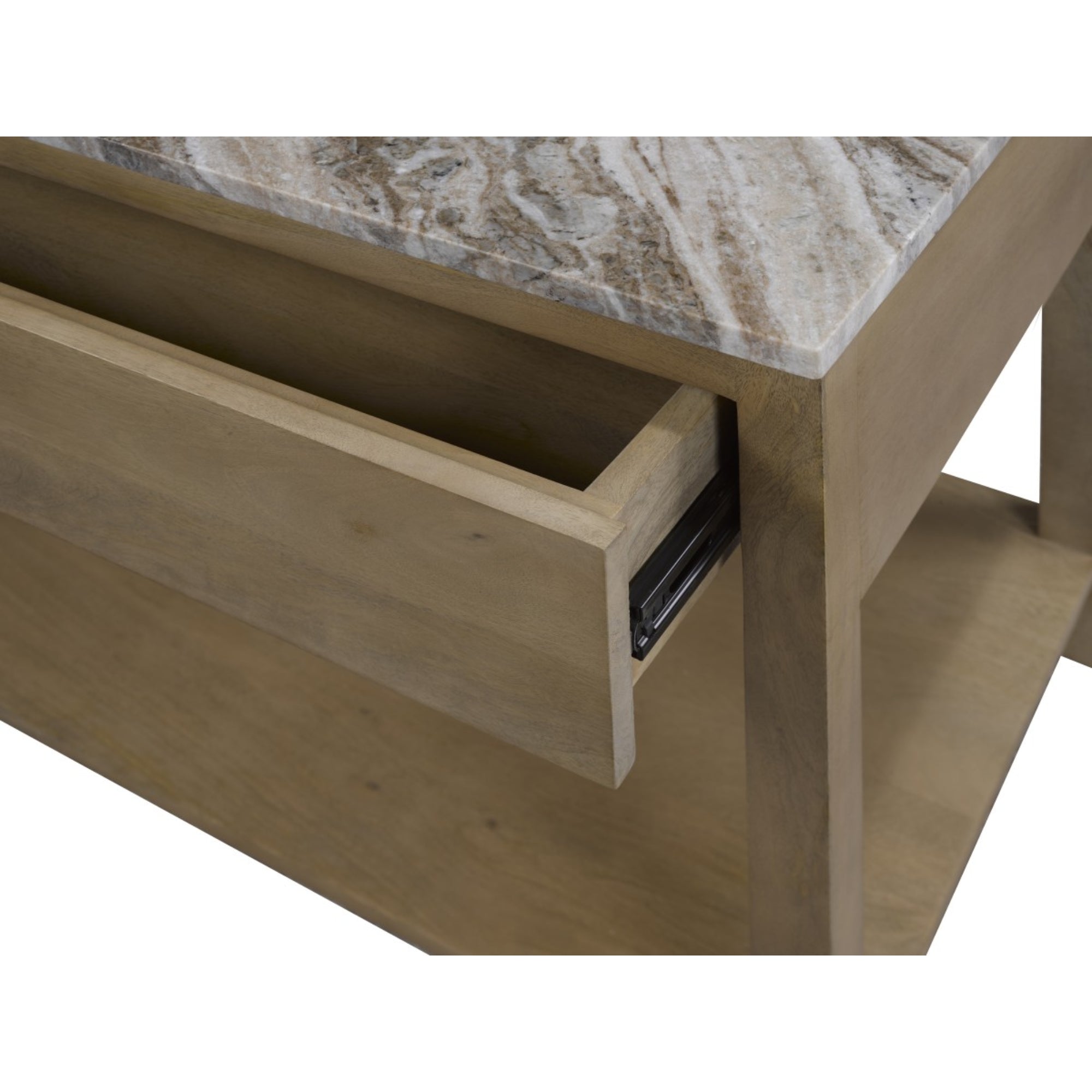Brassex Margle Top Oak Nightstand showing a modern wooden nightstand with a smooth top and storage drawer.