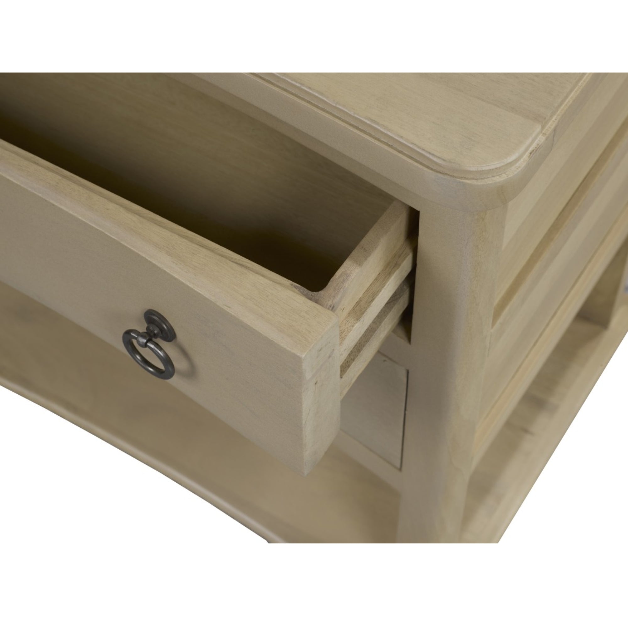 Grey wash wood nightstand by Brassex with a modern design, featuring a drawer and open shelf for bedroom storage.