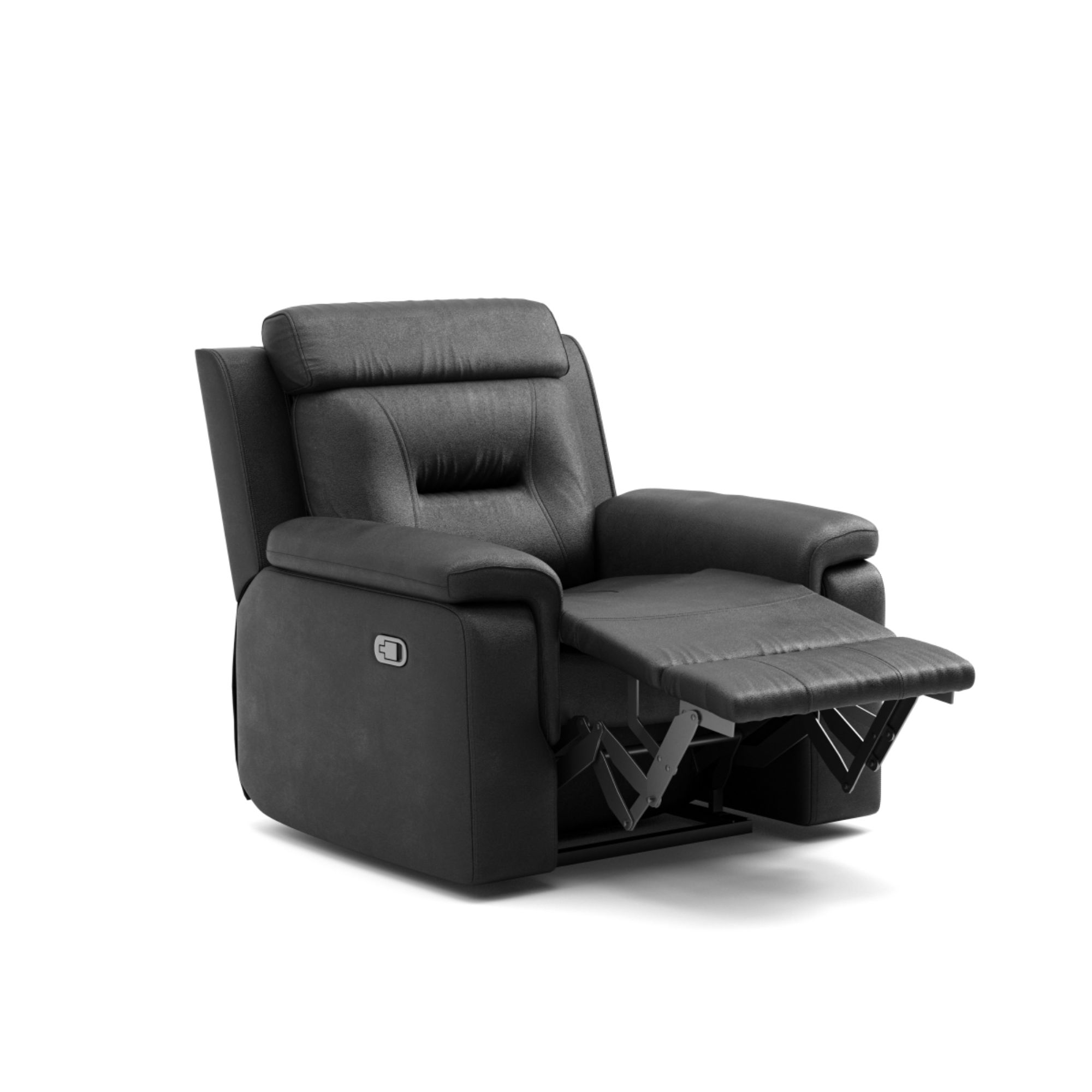Black leather Brassex recliner chair with padded armrests and cushioned seat, designed for comfort and style.