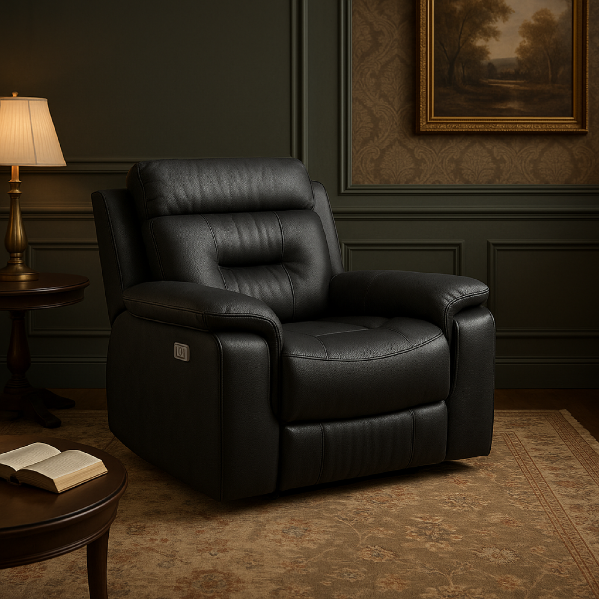 Black leather recliner chair by Brassex with cushioned armrests and plush seating, perfect for comfortable lounging.