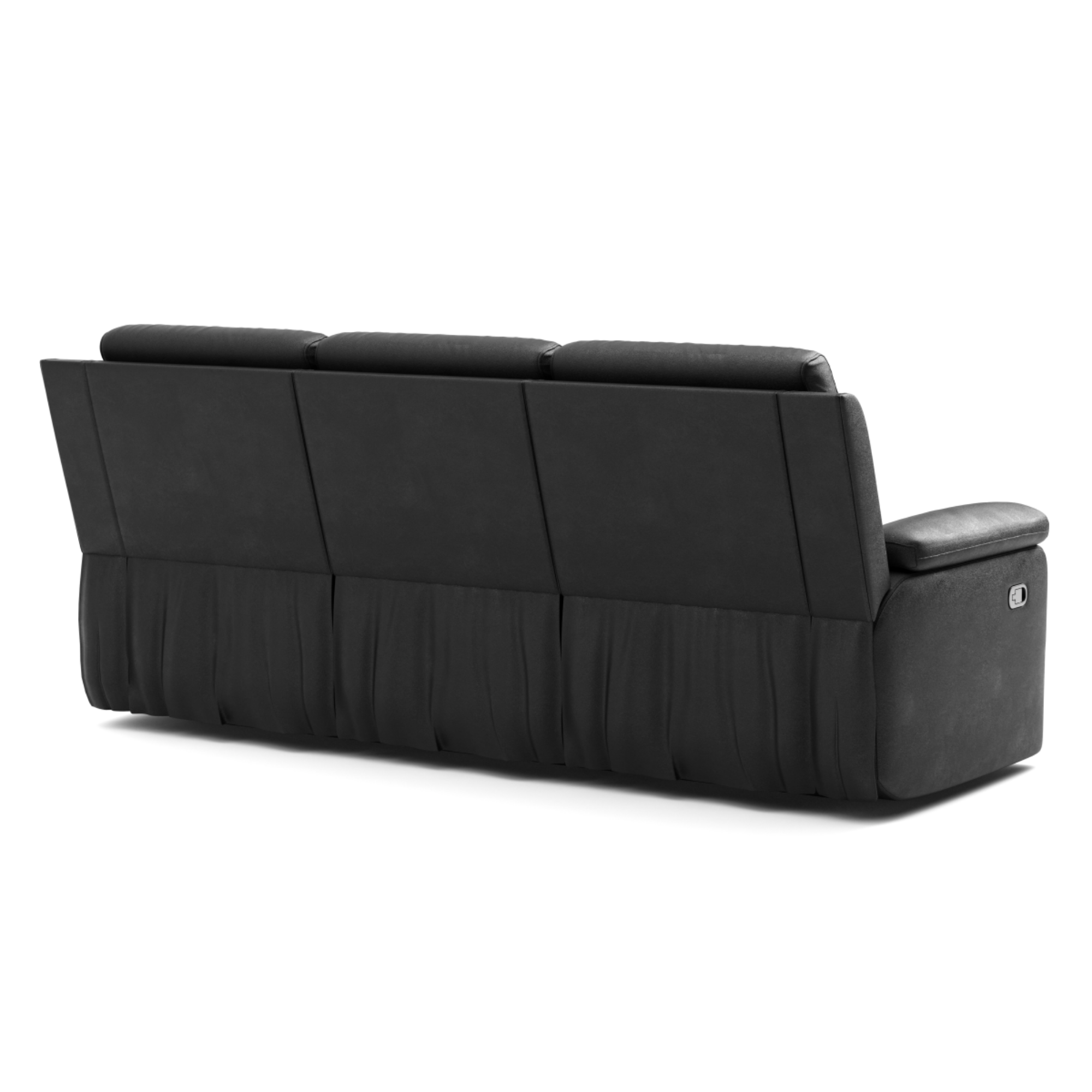 Black leather recliner sofa from Brassex, featuring plush cushioning and a reclining mechanism for comfortable seating.