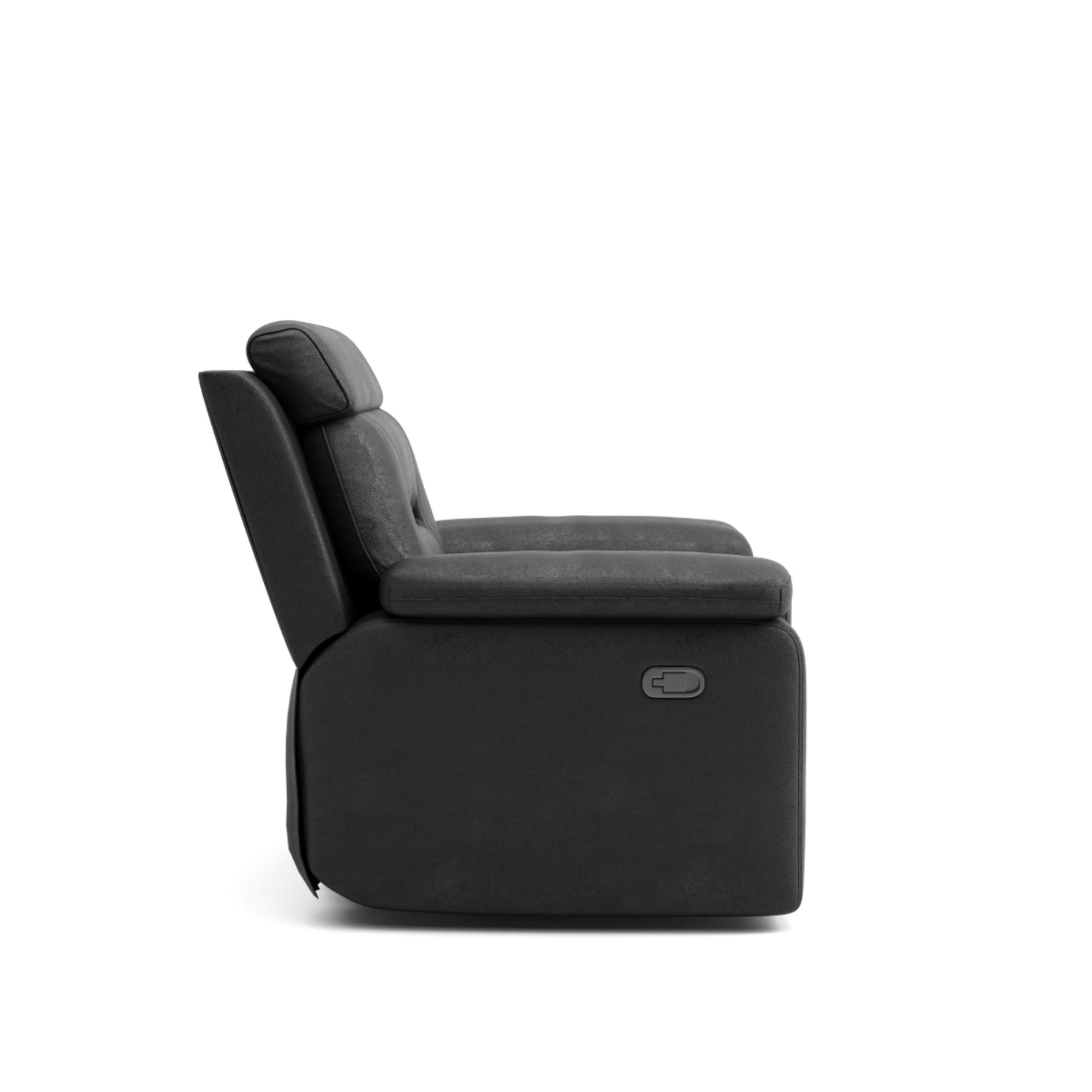 Black leather recliner sofa by Brassex, showcasing plush cushioning and reclining features in a modern living room setting.