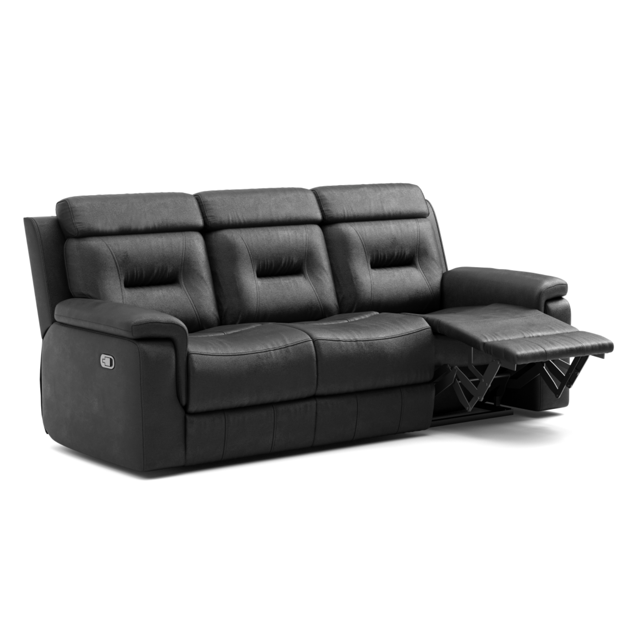 Black leather recliner sofa by Brassex, featuring plush cushioning and a reclining mechanism for ultimate comfort.