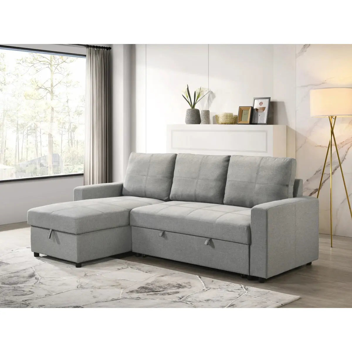 Benjamin Reversible Storage Sectional Sleeper in grey with built-in storage and sleeper bed, by Brassex.