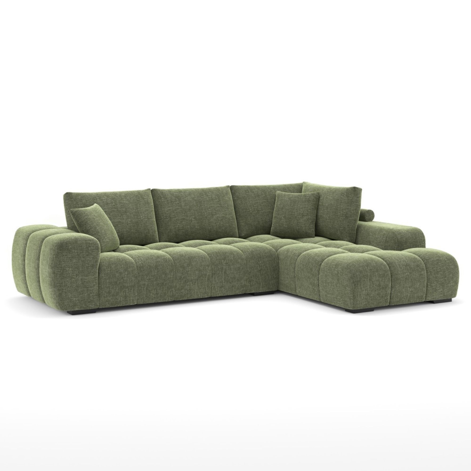 Green Brassex Zara sectional sofa in polyester fabric, showcasing its L-shaped design and plush seating in a modern living room setting.