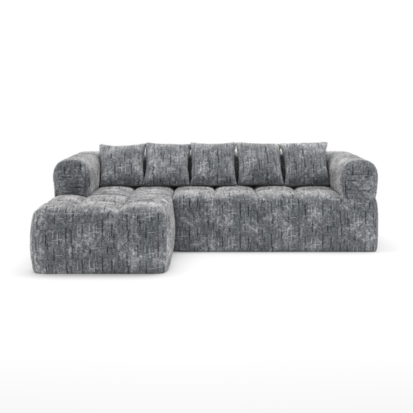 Brassex grey compression sectional sofa with modern design, featuring plush cushions and a sleek, comfortable seating arrangement.