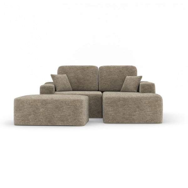 Brassex taupe fabric sectional sofa with matching ottoman, modern design, comfortable seating for living room.