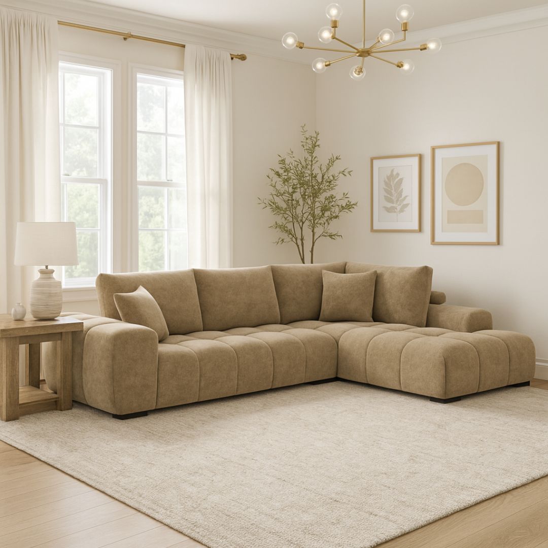 Brassex Zara sectional sofa in taupe polyester, right-hand facing design with plush cushions and modern style for living room.