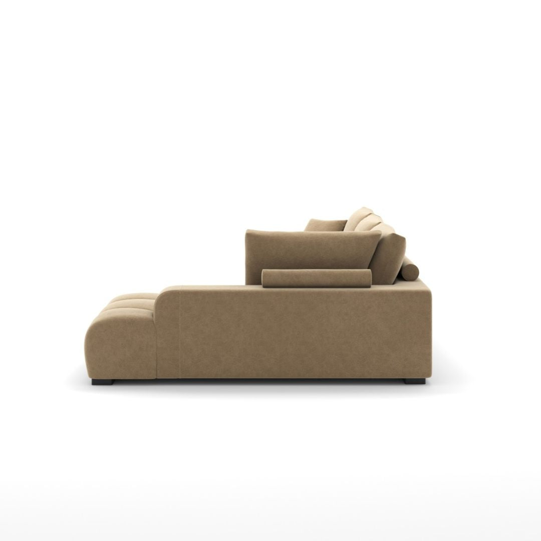 Brassex Zara sectional sofa in taupe polyester with plush cushions, showcasing a modern L-shaped design in a spacious living room setting.