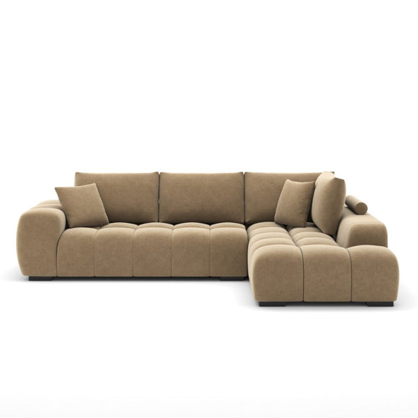 Brassex Zara taupe sectional sofa with plush polyester upholstery, featuring a right-hand facing design for modern living rooms.